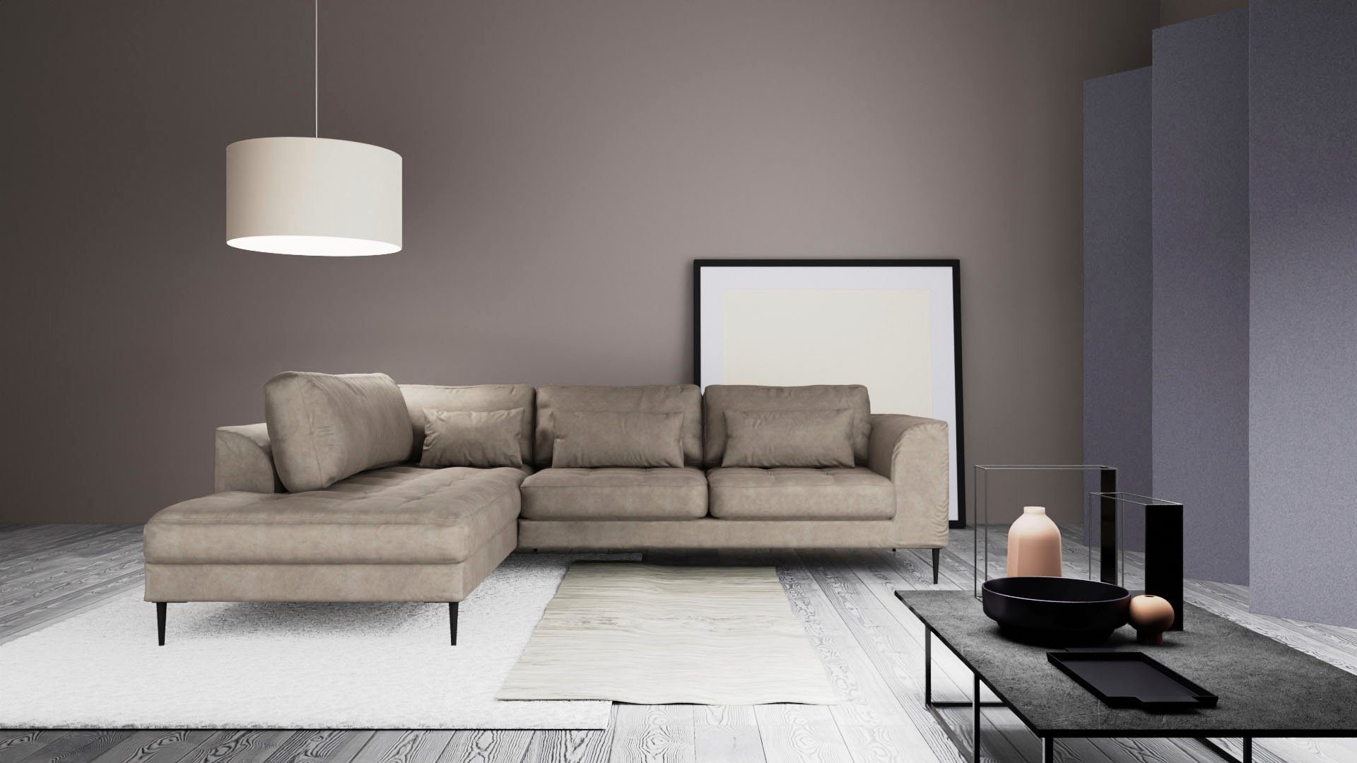 TRENDMANUFAKTUR Ecksofa Luzi, wahlweise mit Schlaffunktion und Bettkasten, gemütlich, L-Form, Designsofa mit Ottomane, Metallfüße schwarz, Breite 264 cm