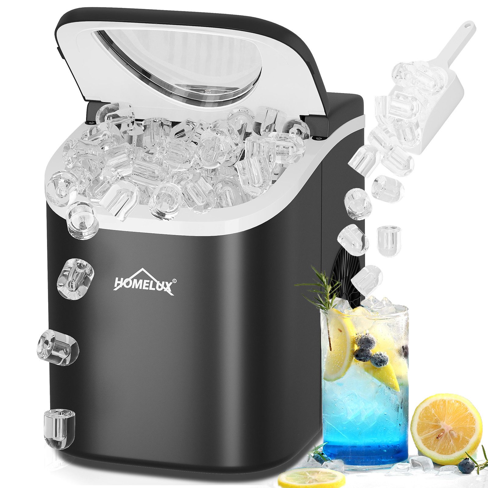 HOMELUX Eiswürfelmaschine 1,4 L Ice Maker, 9 Eiswürfel in 6 Minuten, Selbstreinigungsfunktion