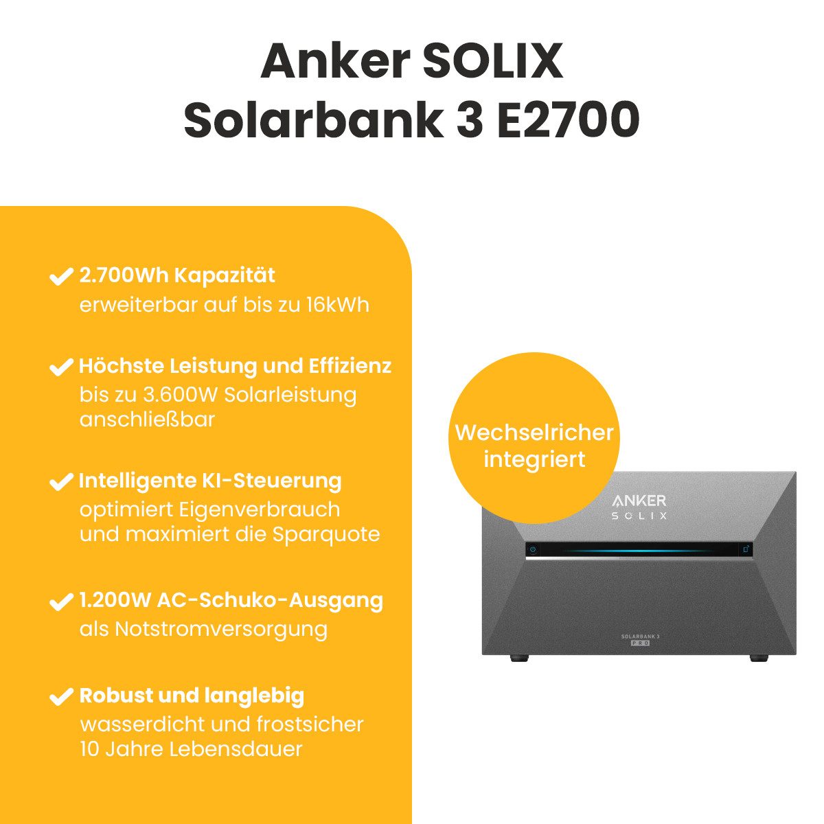 Anker Balkonkraftwerk 3640W Komplettset Solaranlage Anker SOLIX 3 E2700 Pro Speicher, (Smart Meter und 8x Astronergy 455Wp im Lieferumfang enthalten), Speicher mit integriertem Wechselrichter, All-in-One 2,668kWh Akku