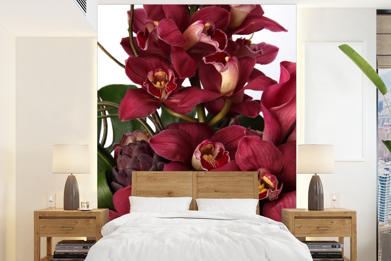 MuchoWow Fototapete Rote Orchideen mit weißem Hintergrund, Matt, bedruckt, (4 St), Montagefertig Vinyl Tapete für Wohnzimmer, Wandtapete