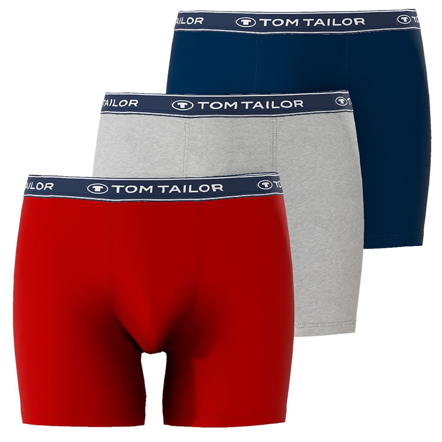 TOM TAILOR Boxershorts (3-St) mit längerem Bein, ohne Eingriff, knitterfrei im 3er Pack Navy / Grau / Rot
