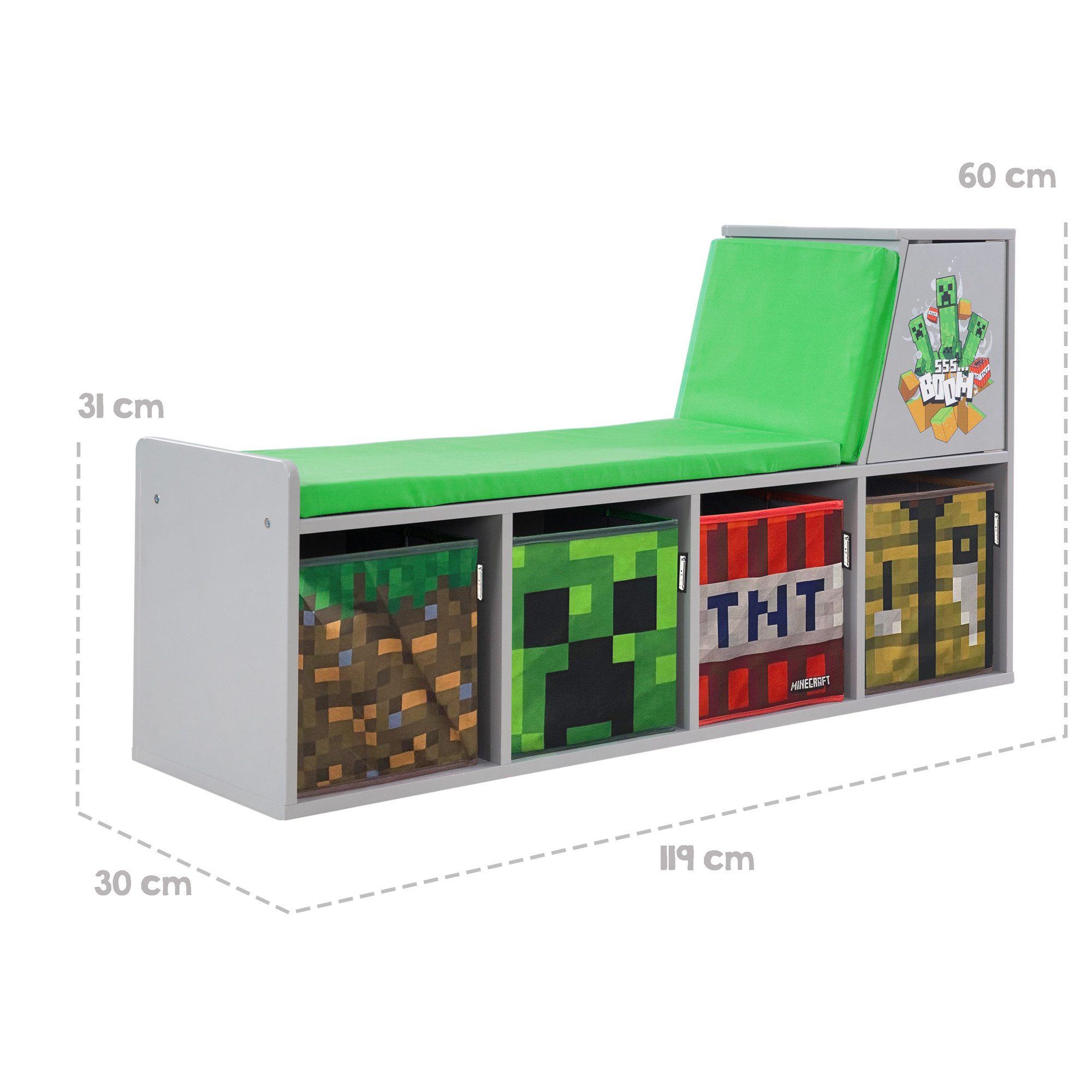 Minecraft Sitzbank mit Sitzkissen und Lehne - mit 4 Stauraumkisten, aus stabilem Holz - praktische Sitzbank zum Lesen - Grau – Bild 5 von 5