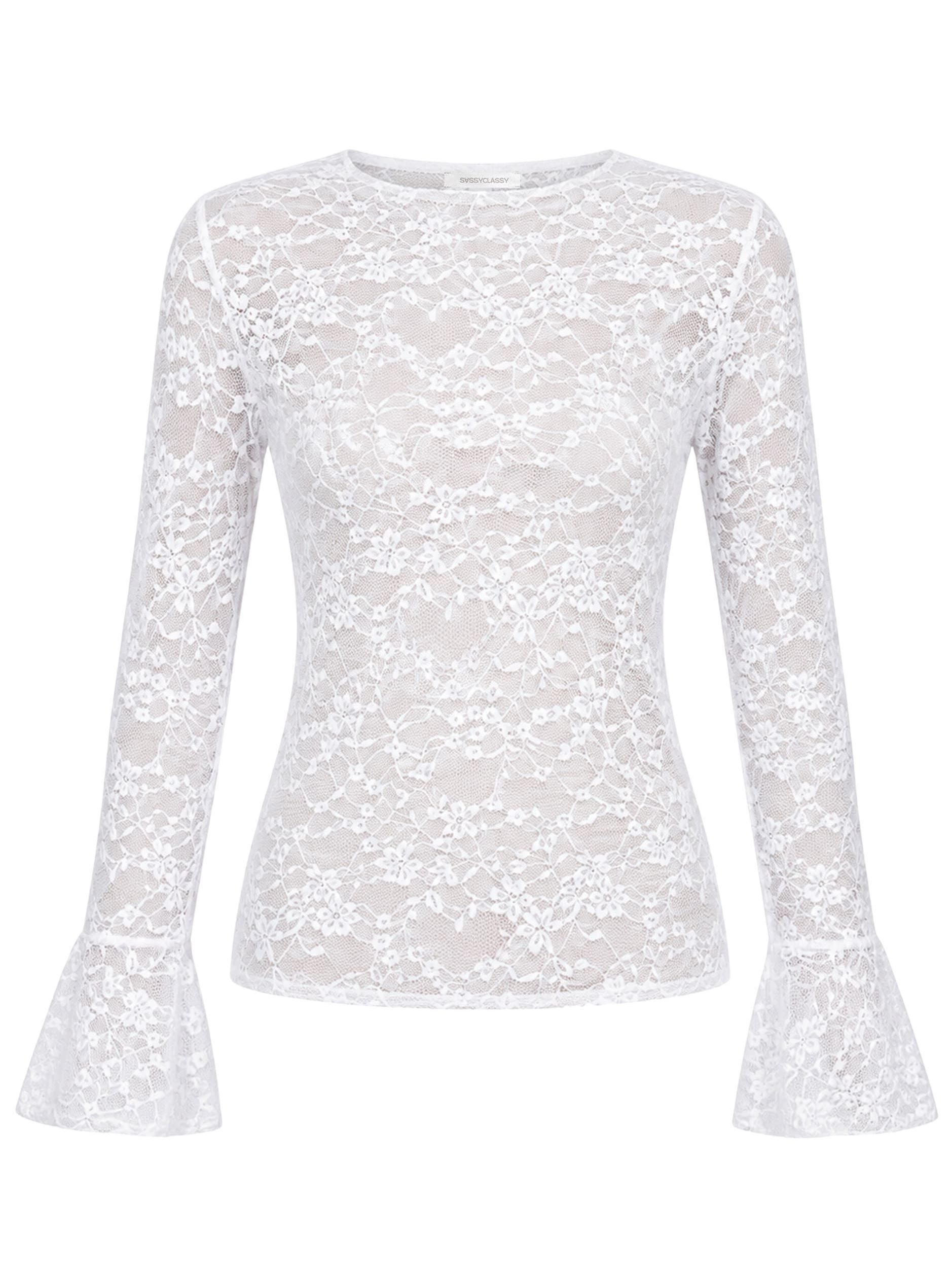 SASSYCLASSY Langarmshirt Top mit ausgestellten Volantärmel für Damen transparentes Spitzenshirt in Schwarz – Bild 2 von 5