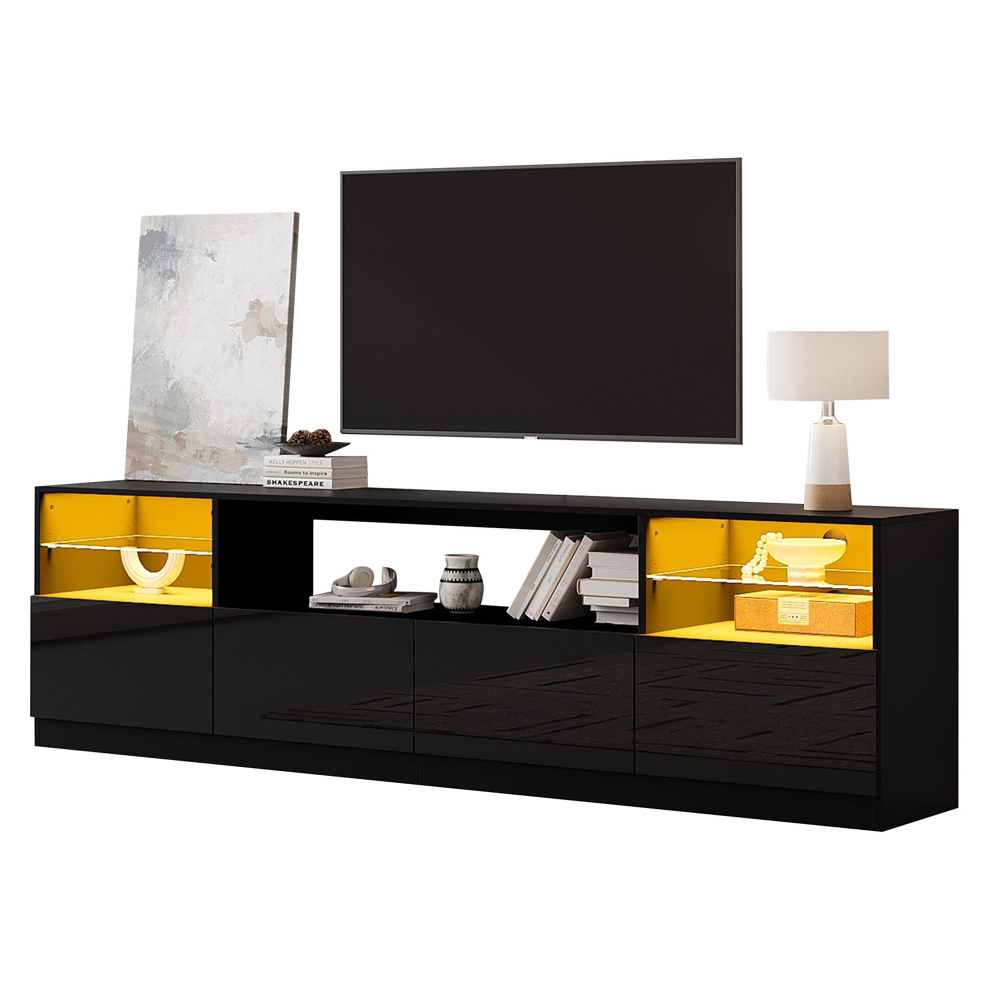 Merax Lowboard Hochglanz Fernsehschrank mit LED (1 St., Wohnzimmer & Esszimmer TV Board), TV-Schrank mit 4 Flügeltüren & 8 Fächer, 180x35x60cm