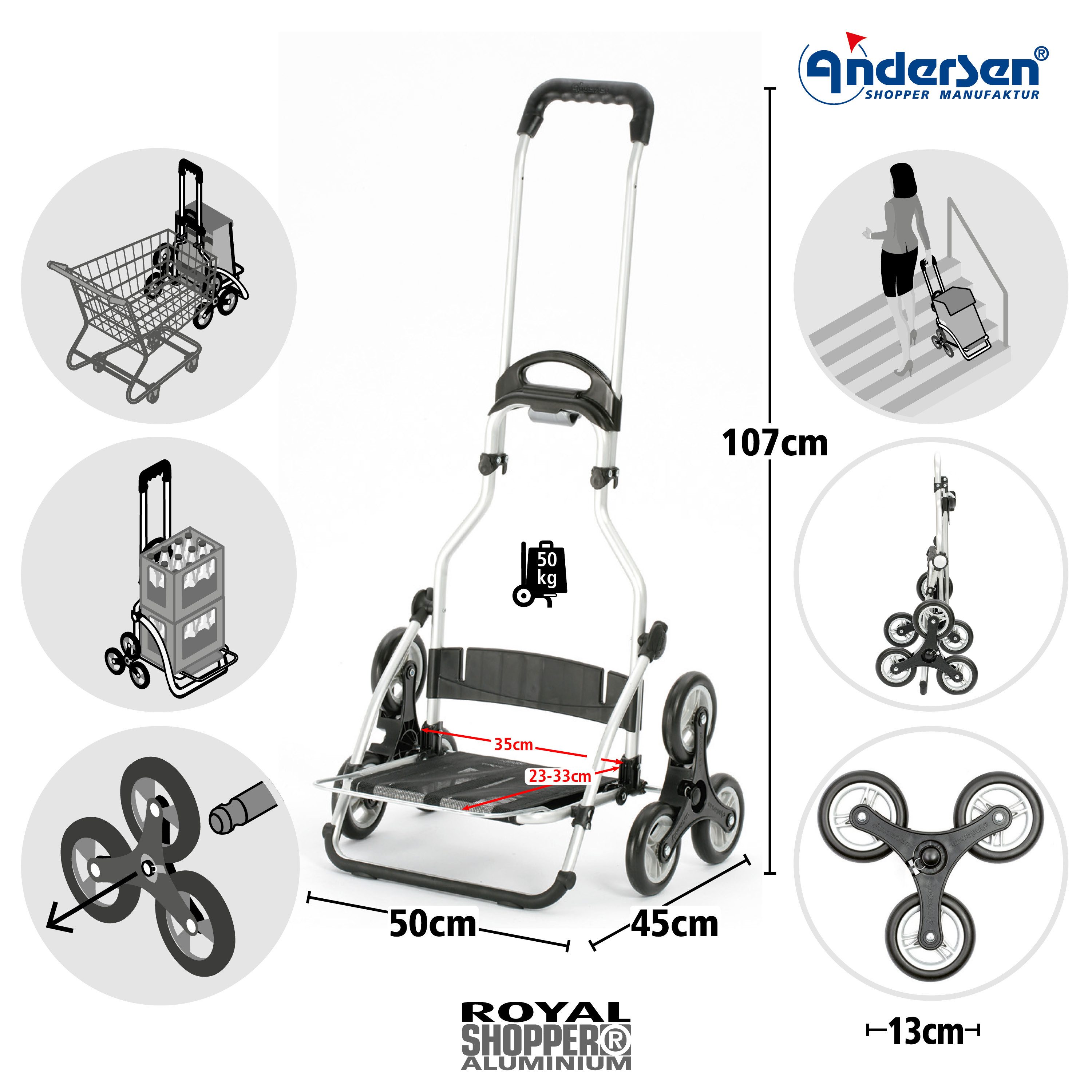 Andersen Einkaufstrolley Treppensteiger Royal Shopper Vektor grau, Thermofach 15 Liter, klappbar, belastbar bis 50kg, wasserabweisend