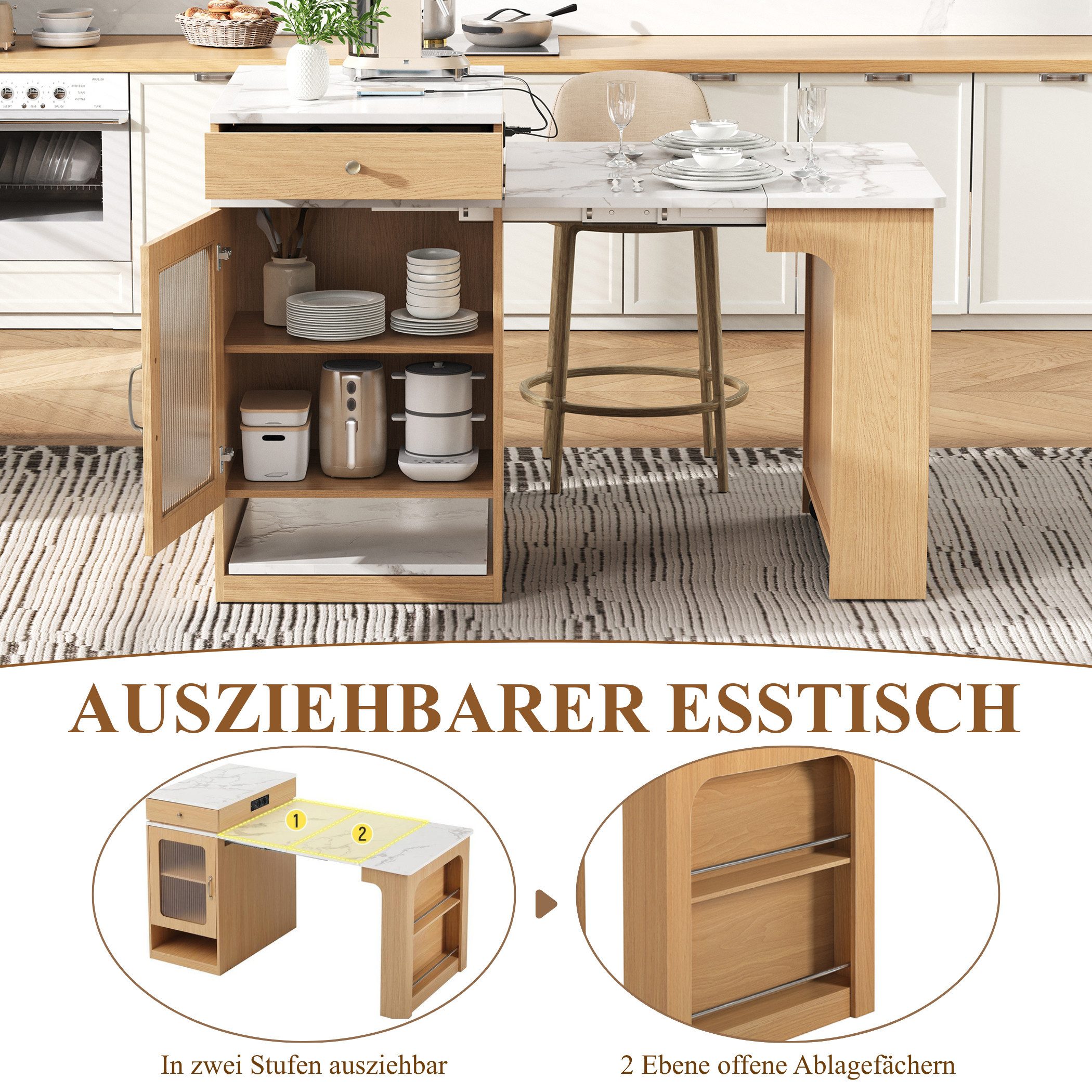 SeedWave Kücheninsel Allzweck Küchenschrank mit Ausziebarem Esstisch, Ladefunktion, 2 Schubladen, Ablagefächer mit höhenverstellbare Einlegeböden