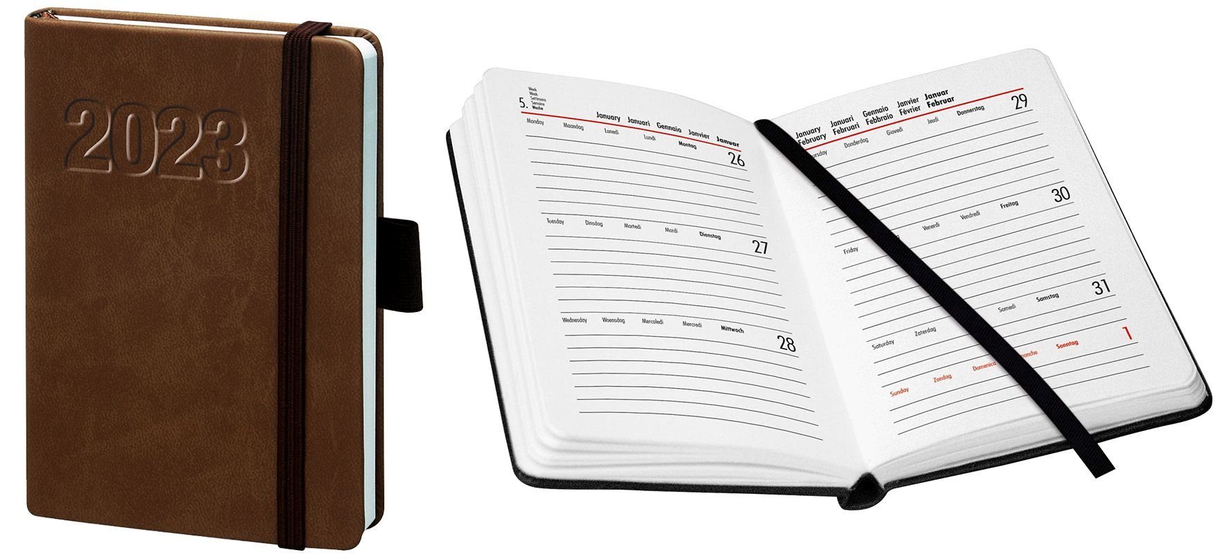 BSB Taschenkalender Buchkalender "V-book" - 1 Woche / 2 Seiten, A6, braun