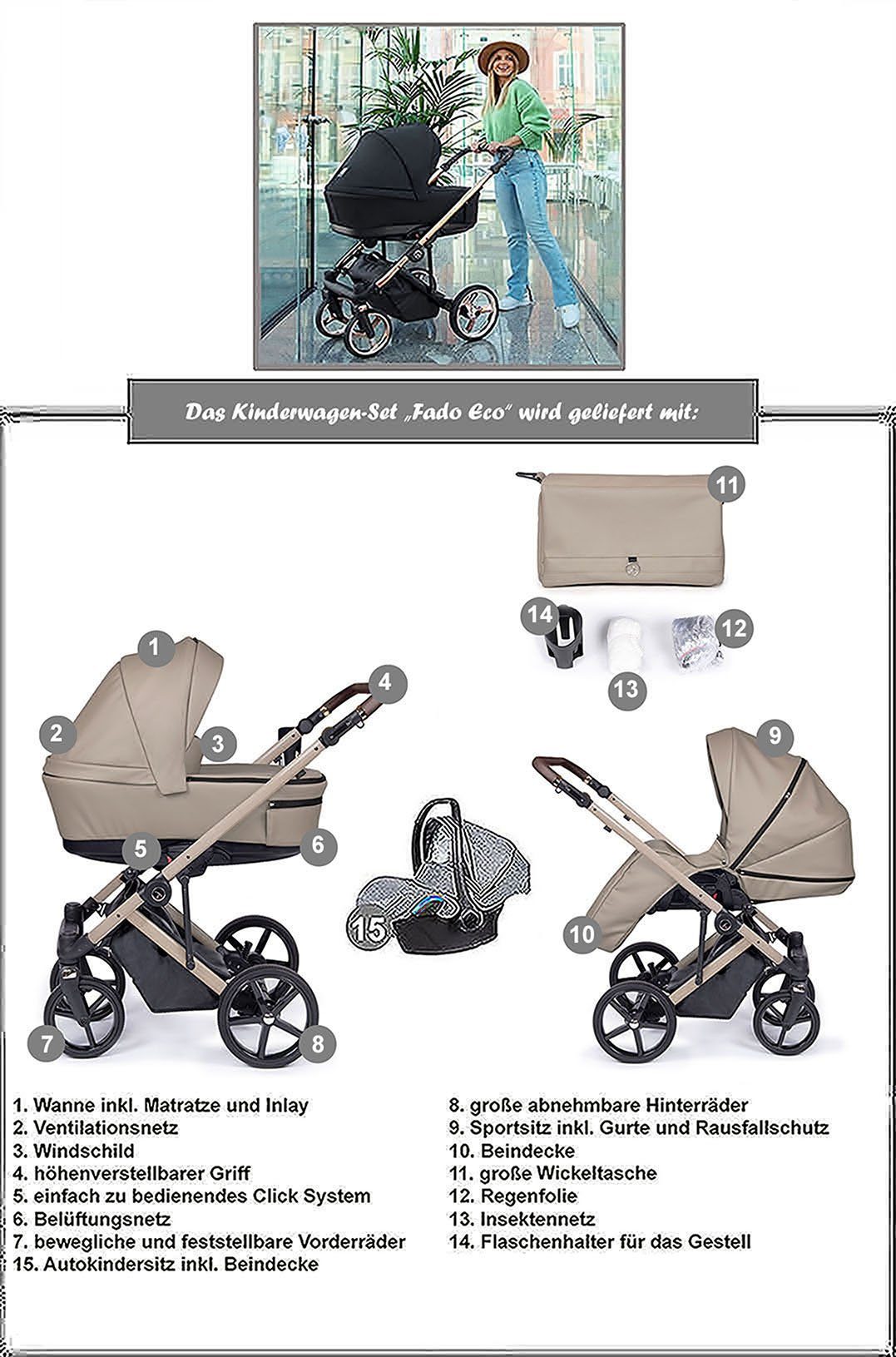 babies-on-wheels Teile 15 Kinderwagen-Set 21 in Kombi-Kinderwagen Schwarz - - schwarz in = 1 Eco 3 Gestell Fado Designs