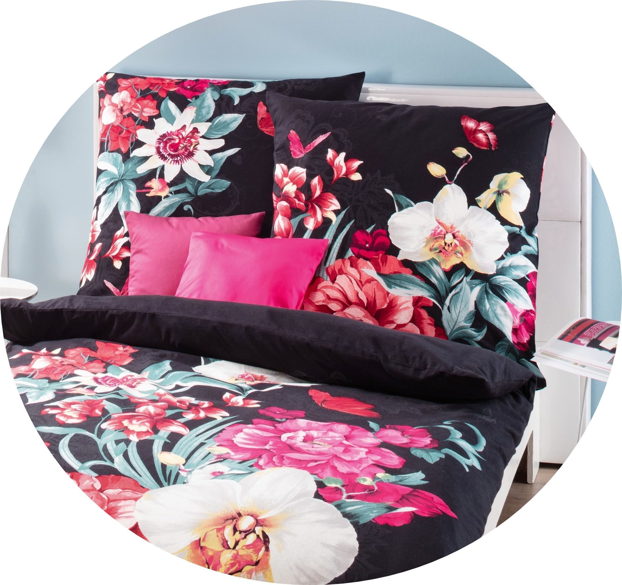 Kaeppel Bettwäsche Kaeppel Linon / Renforcé Bettwäsche 135x200cm 2 tlg. Euphoria Pink, Renforcé, 2 teilig, Schwarze Bettwäsche mit buntem großen Blumenmotiv