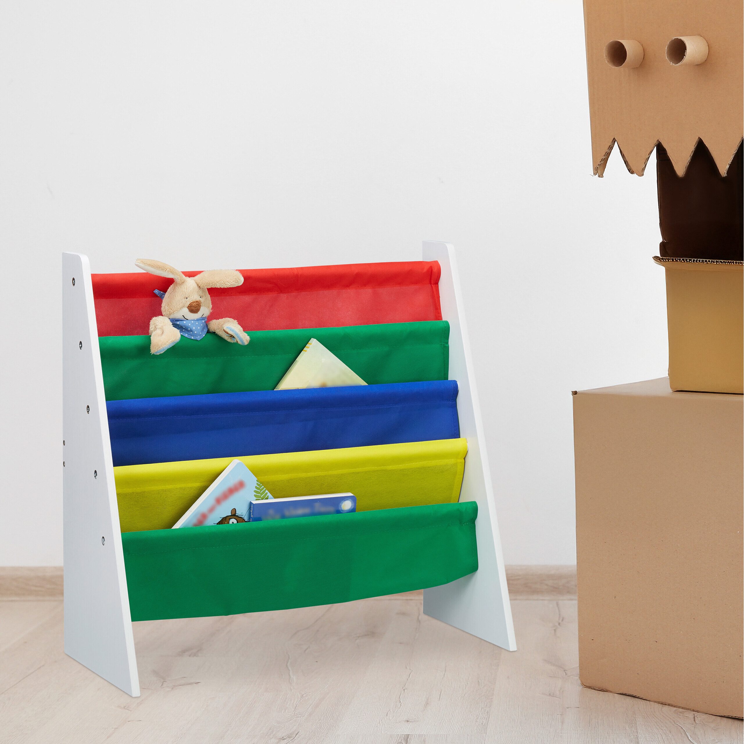 relaxdays Kinderregal Bücherregal für Kinder mit Stofffächern