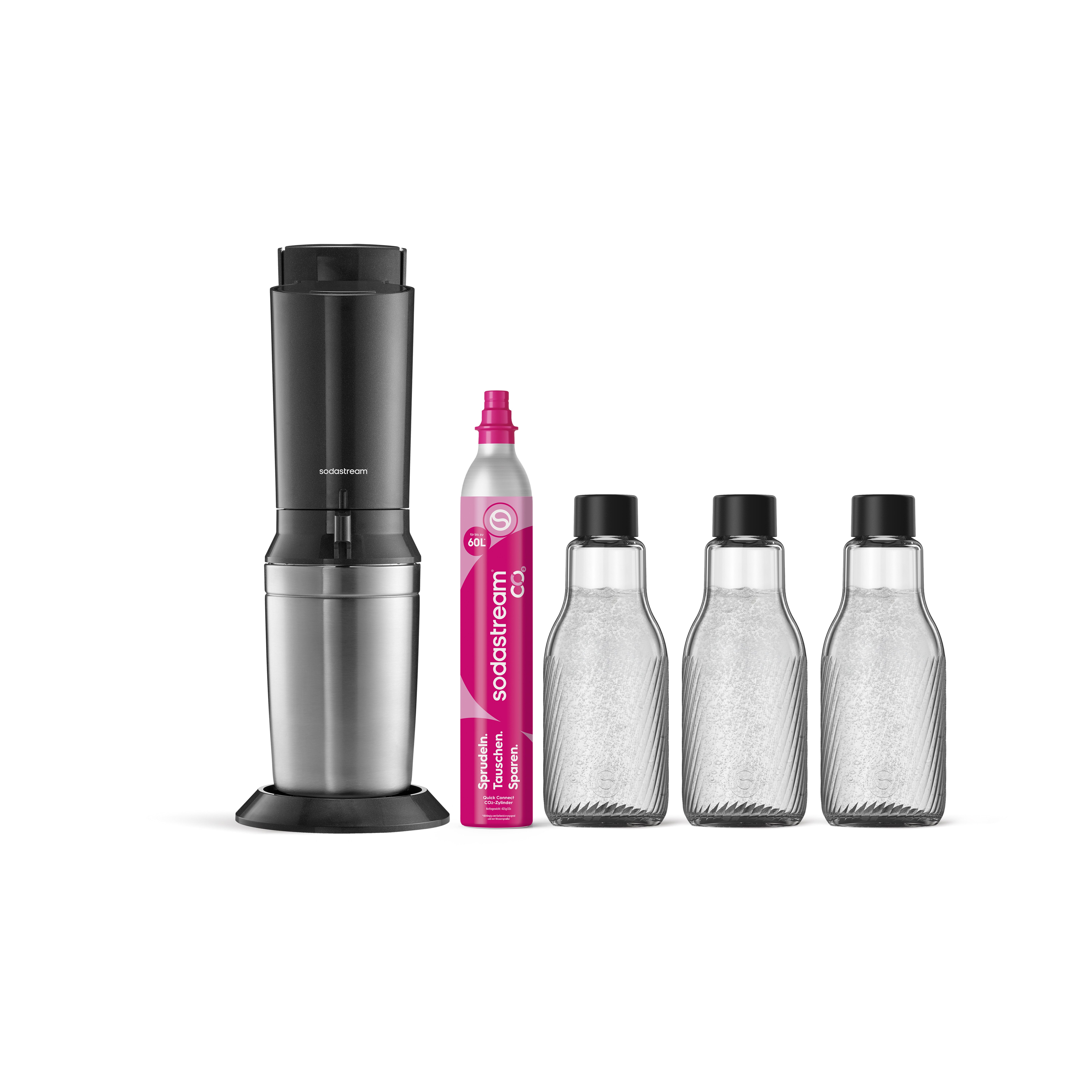 SodaStream Wassersprudler CRYSTAL 3.0 Wassersprudler titan, Vorteilspack, (Set, 5-tlg), 3 Glaskaraffen inklusive, ideal für Mehrpersonenhaushalte