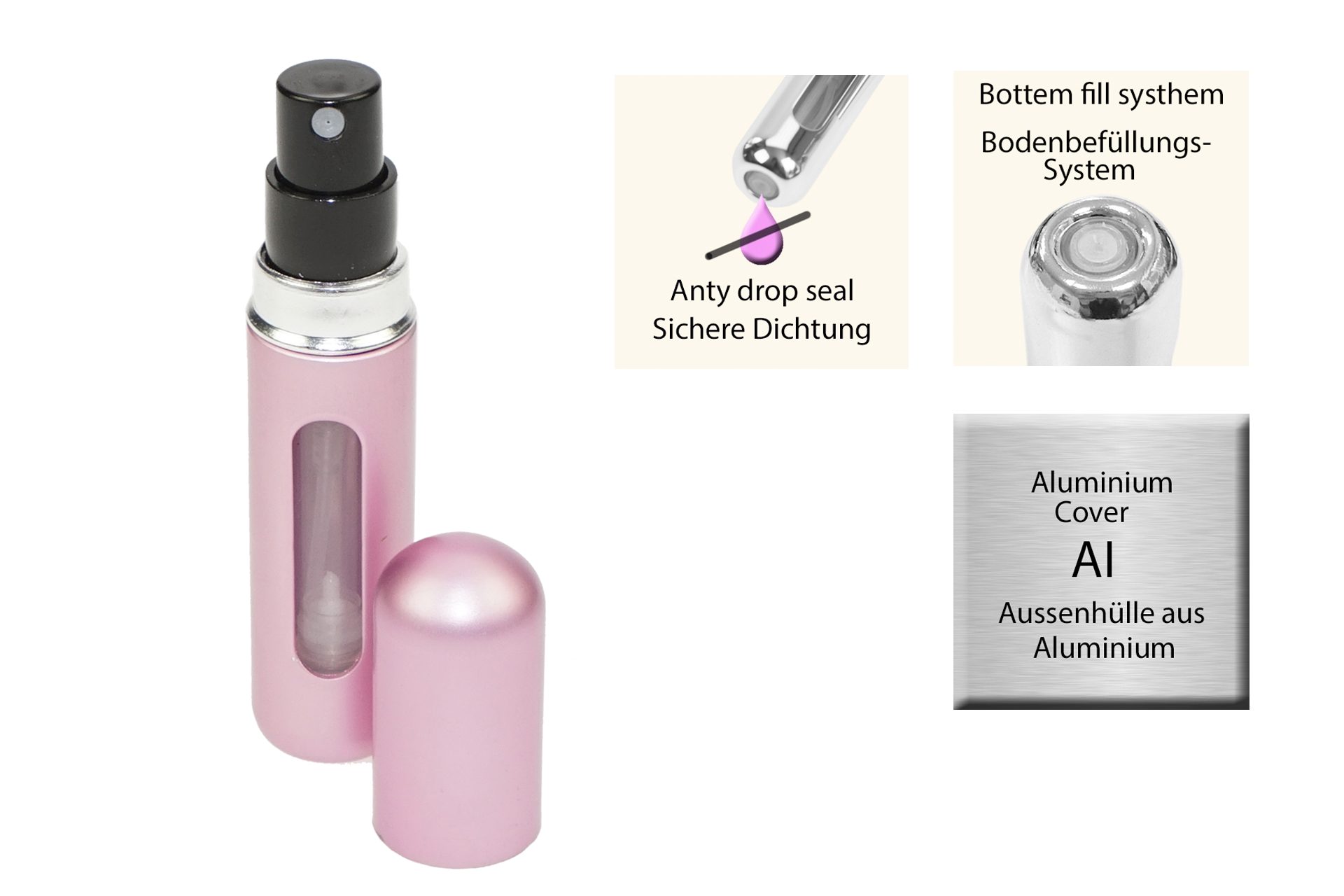 Fantasia Beauty Parfümzerstäuber Taschenzerstäuber, matt pink, für 5 ml, mit Füllautomatik (1 St), Füllautomatik, Sichtfenster, Aluminium