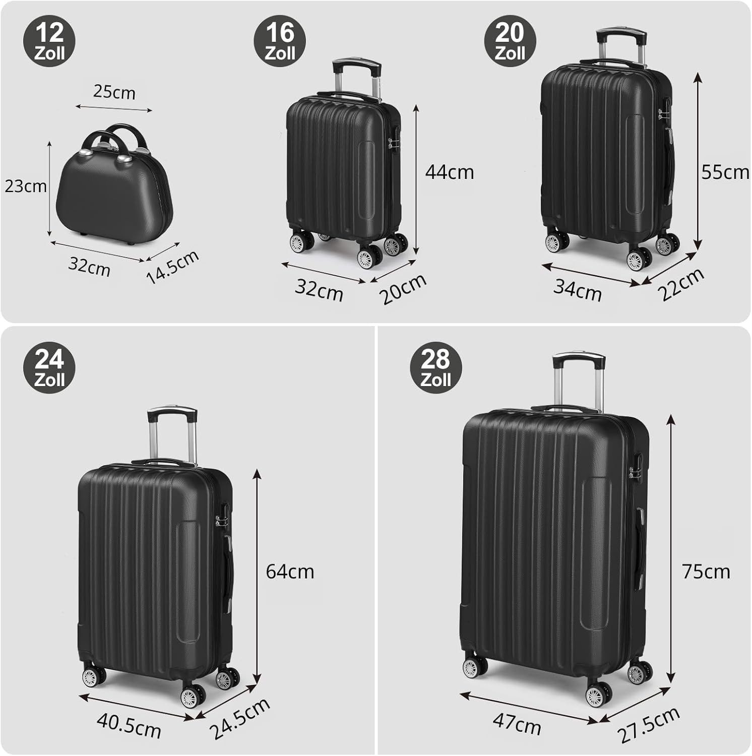 LALAHO Trolley Kofferset Hartschale Reisekoffer, 360° Rollen, 4 Rollen, 5er Set Handgepäck, Koffer, mit Kosmetikkoffer, Schwarz – Bild 4 von 5