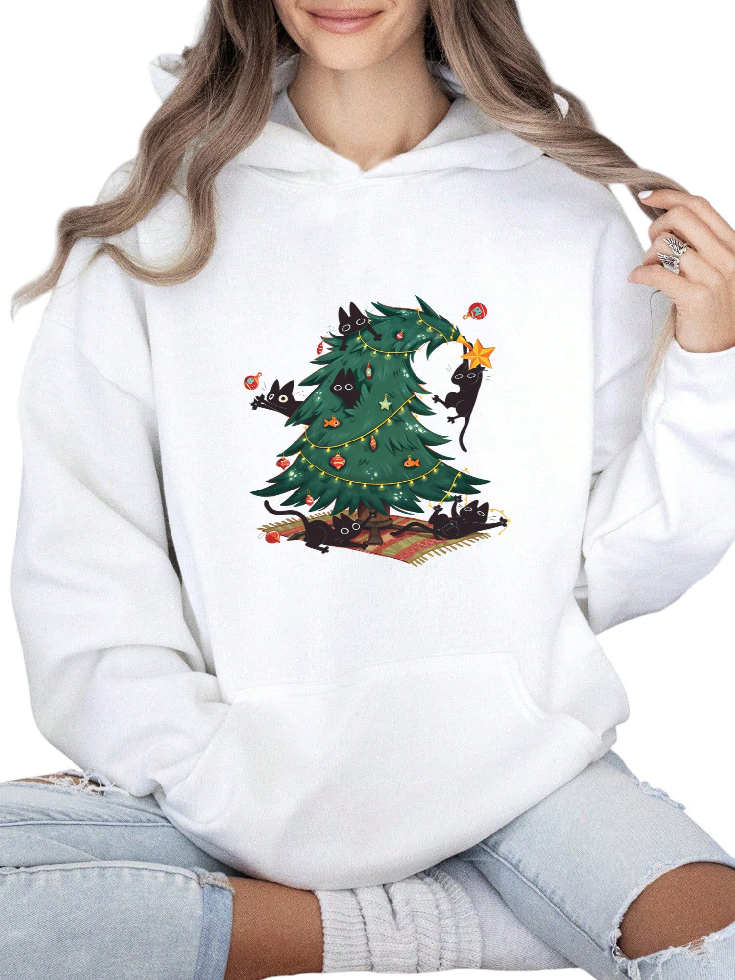 PYLIKE Kapuzenpullover Fleece-Kapuzenpullover Damen: mit KapuzeTasche,Weihnachten Print Perfekt für Weihnachten&Alltag & Freizeit