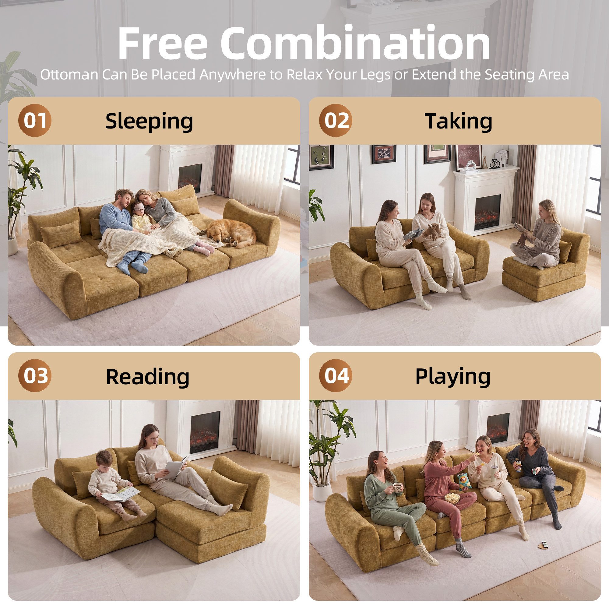 Vankel 4-Sitzer Sofas Wohnzimmer modulares 4-Sitzer Cord Sofa groß flexibel, Modulares Schlafsofa ohne Montage, frei kombinierbar & rutschfest