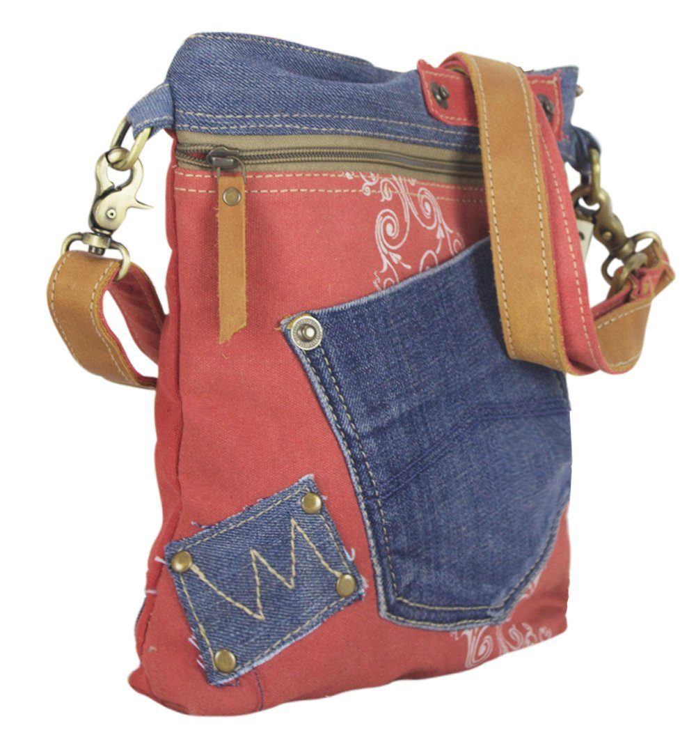 Damen Umhängetaschen Sunsa Umhängetasche Umhängetasche aus recycelte Jeans und Rote Canvas. Kleine Upcycling Tasche mit Einsteck