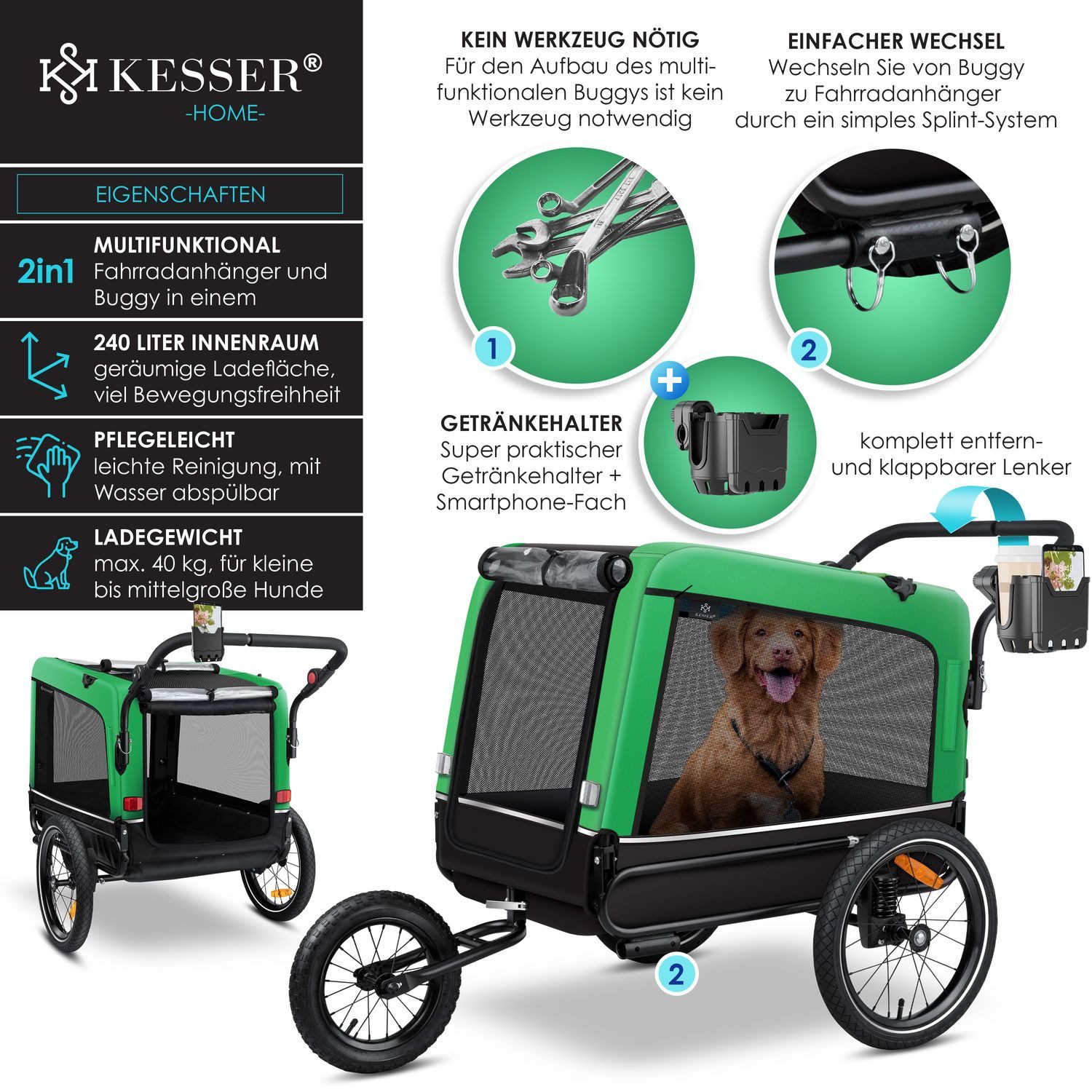 KESSER bicycle dog trailer, dog trailer Boxer 3-in-1 dog buggy jogger bicycle trailer