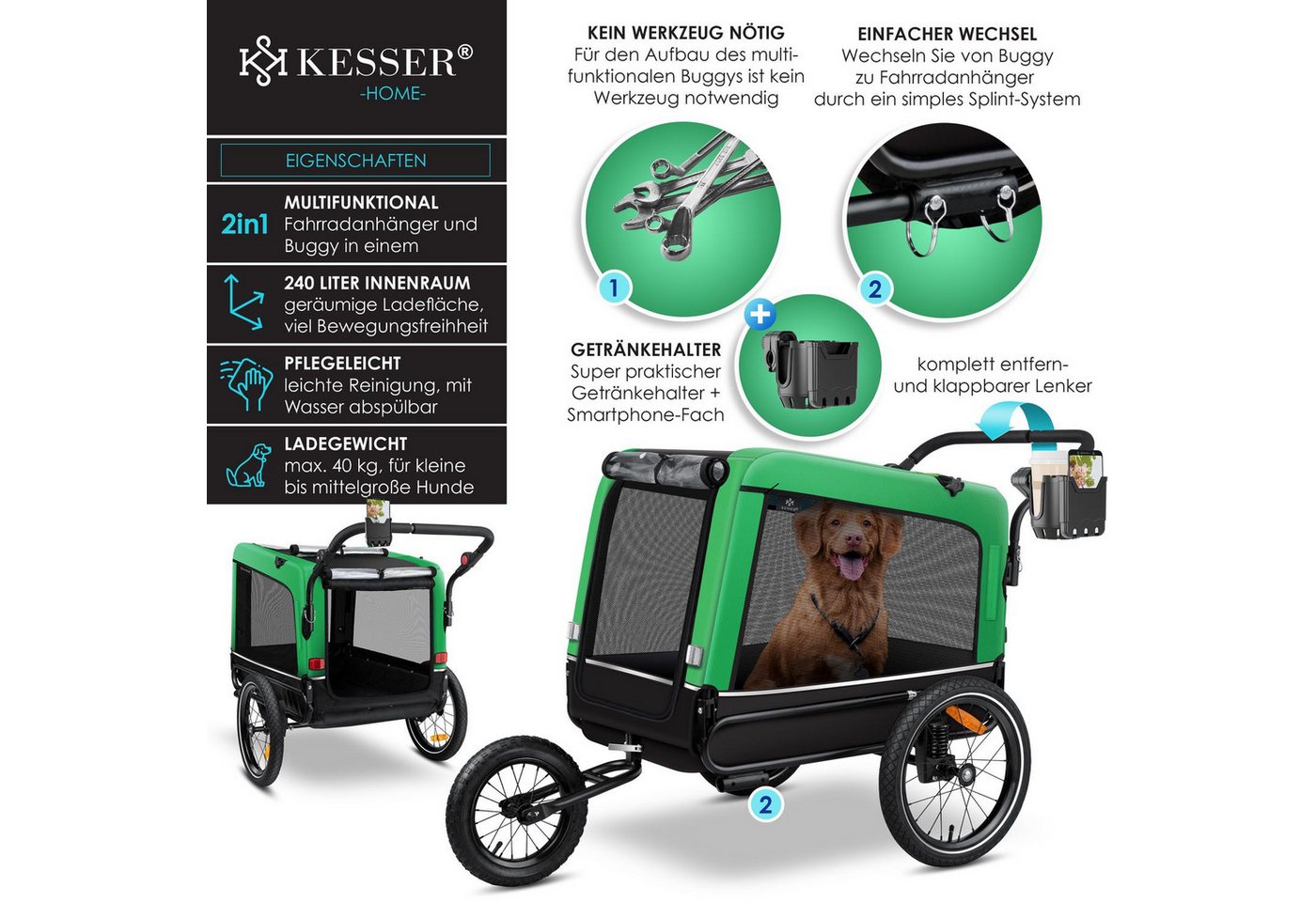 Thumbnail - KESSER Fahrradhundeanhänger, Hundeanhänger Boxer 3-in-1 Hundebuggy Jogger Fahrradanhänger