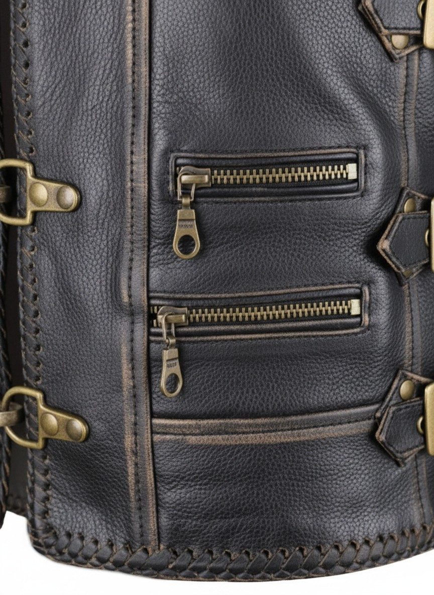 MDM Lederweste Damen Biker Lederweste in Schwarz mit Messing Schnallen Taillierte Damen Lederkutte mit Messing-Schnallen – Bild 5 von 5
