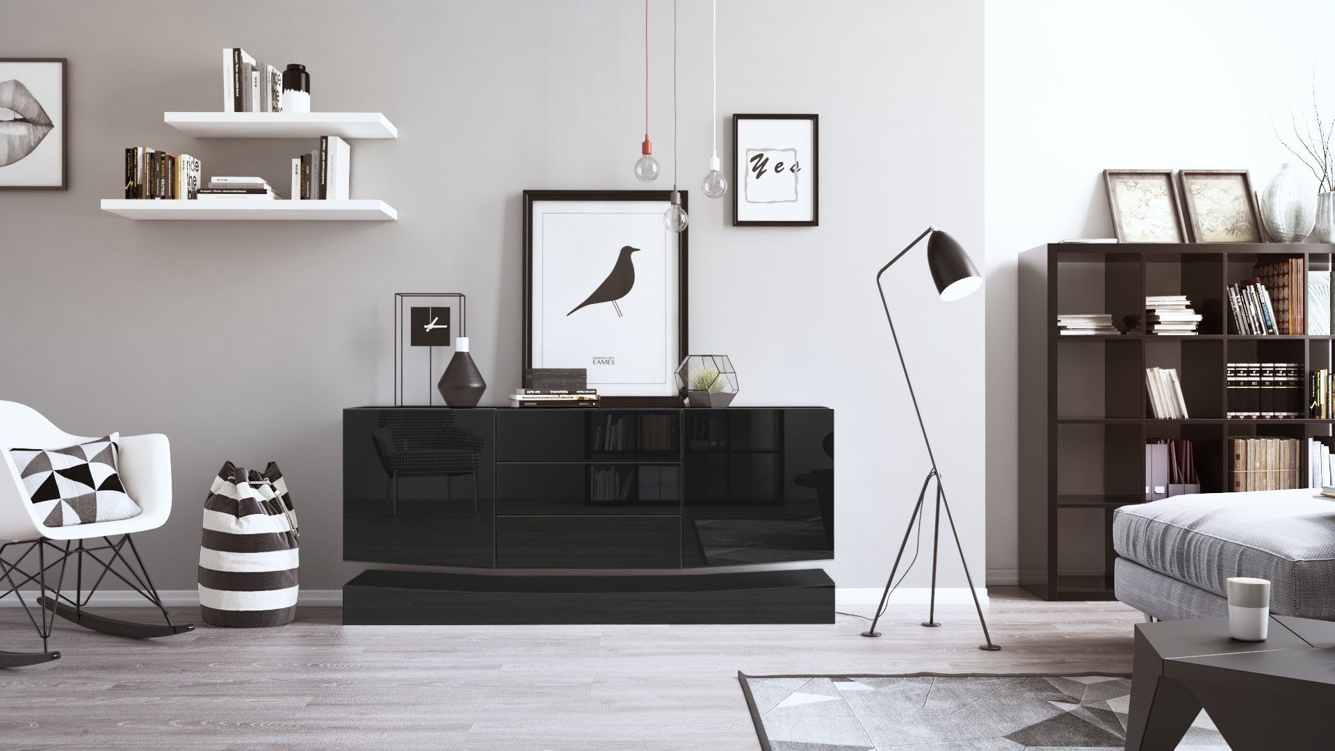 Vladon Sideboard City (Kommode, mit 2 Türen und 3 Schubladen), Schwarz matt/Schwarz Hochglanz (178 x 72 x 38 cm)