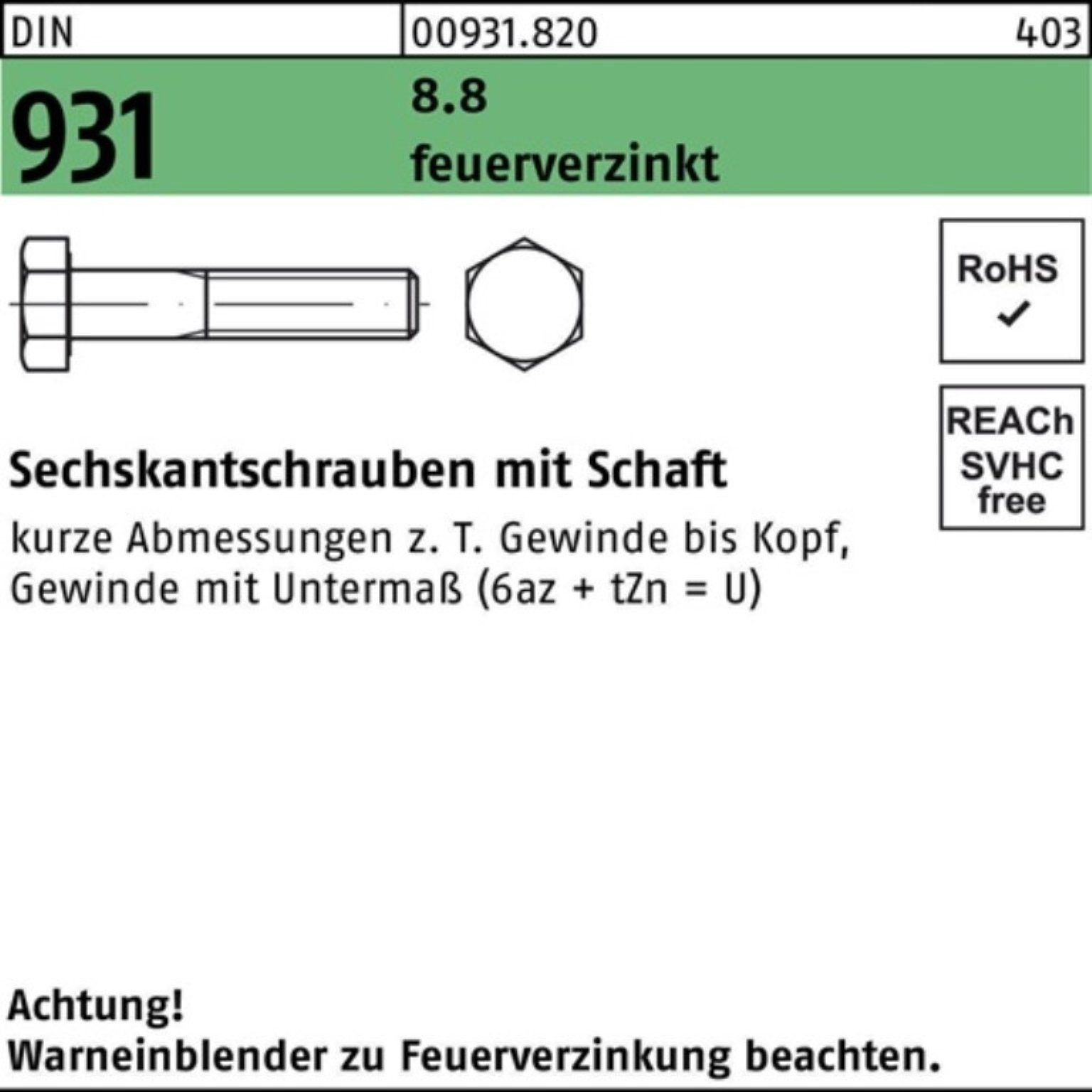 feuerverz. M16x Sechskantschraube 130 Sechskantschraube Pack Schaft 25 931 Reyher DIN 100er 8.8