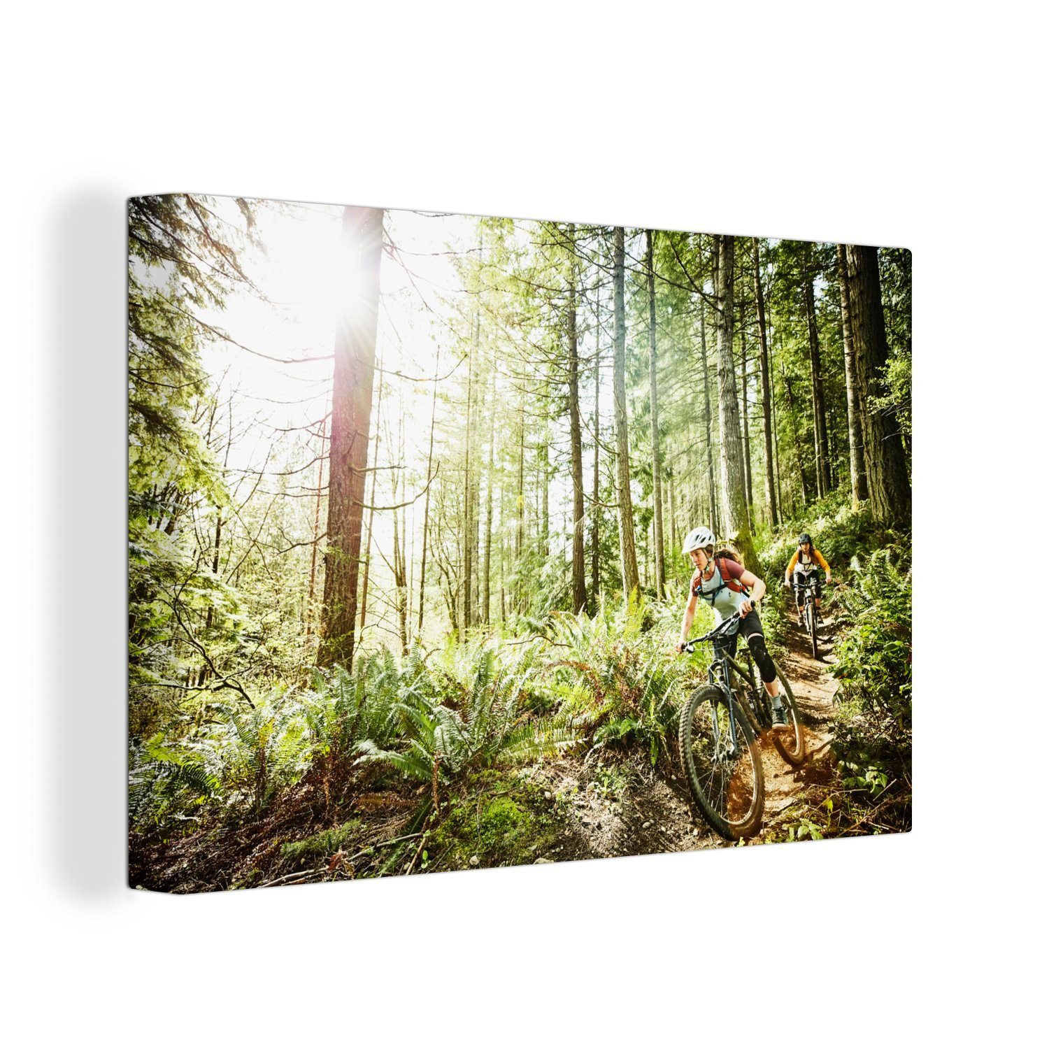 OneMillionCanvasses® Leinwandbild Zwei Frauen auf St), Aufhängefertig, (1 Mountainbikes cm den durch Wandbild 30x20 Wald, Wanddeko, Leinwandbilder