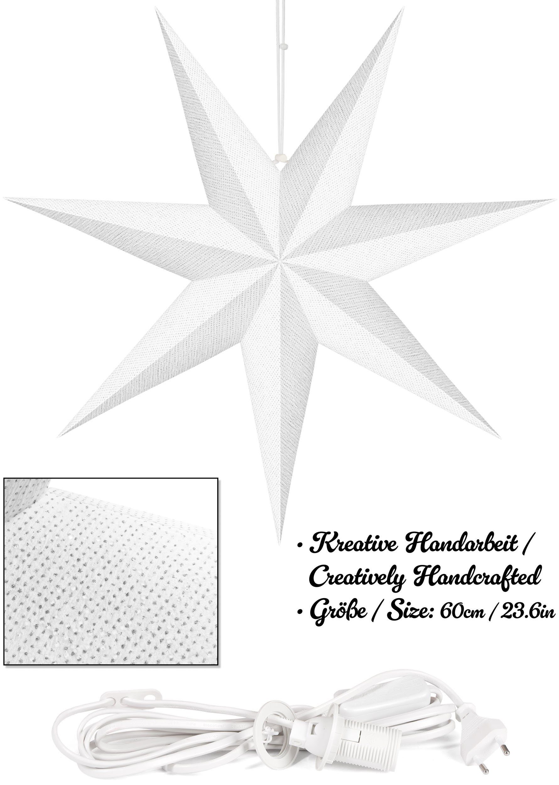 BRUBAKER Dekostern 60 cm Weihnachtsstern für Innen - Adventsstern mit E14 Fassung Hängend, 1 St., 3D Papierstern mit 3,5m Kabel - Fenster Stern Weihnachten Leuchtstern