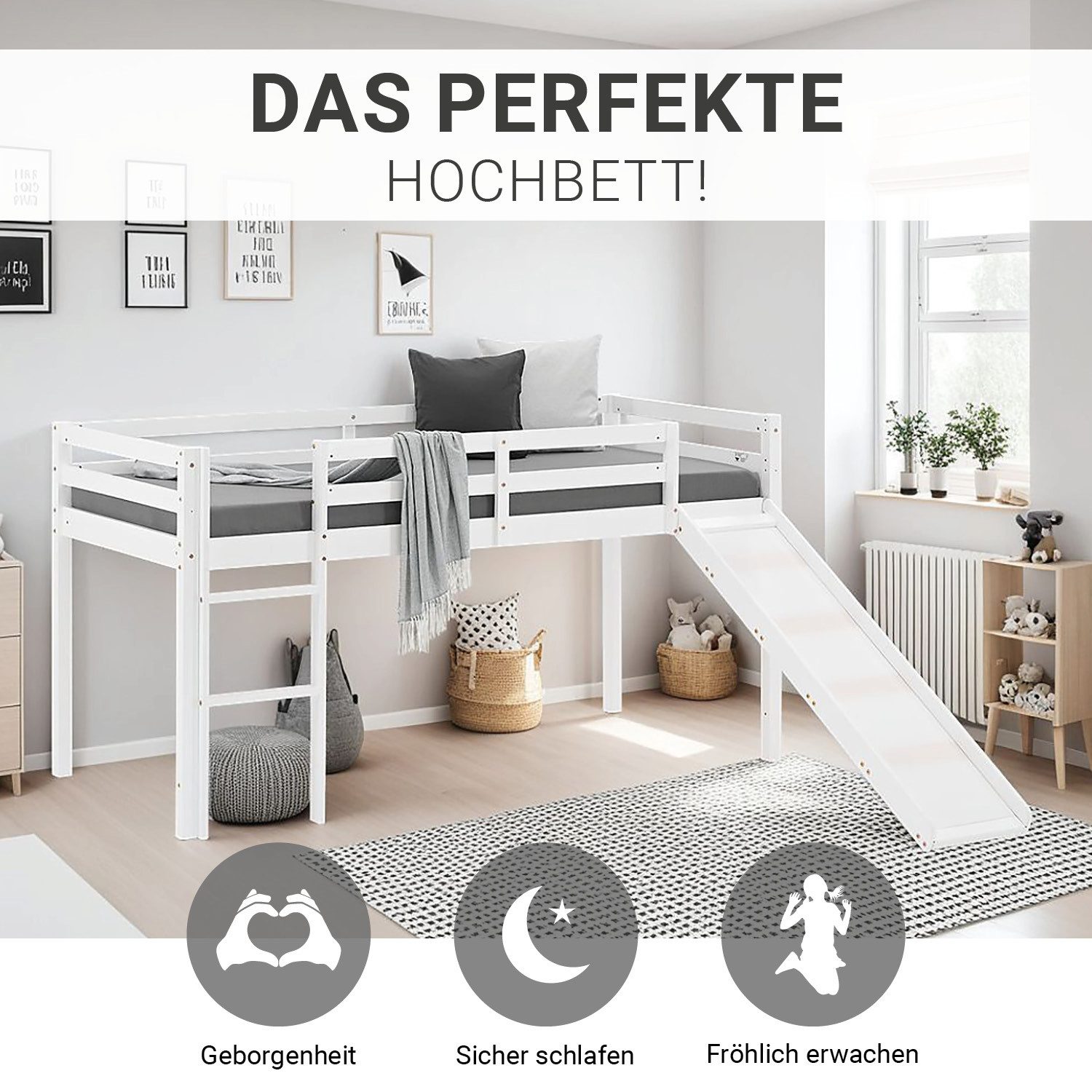 Homestyle4u Hochbett 90x200 Kinderbett Rausfallschutz Grau/Weiß Kinder Leit günstig online kaufen