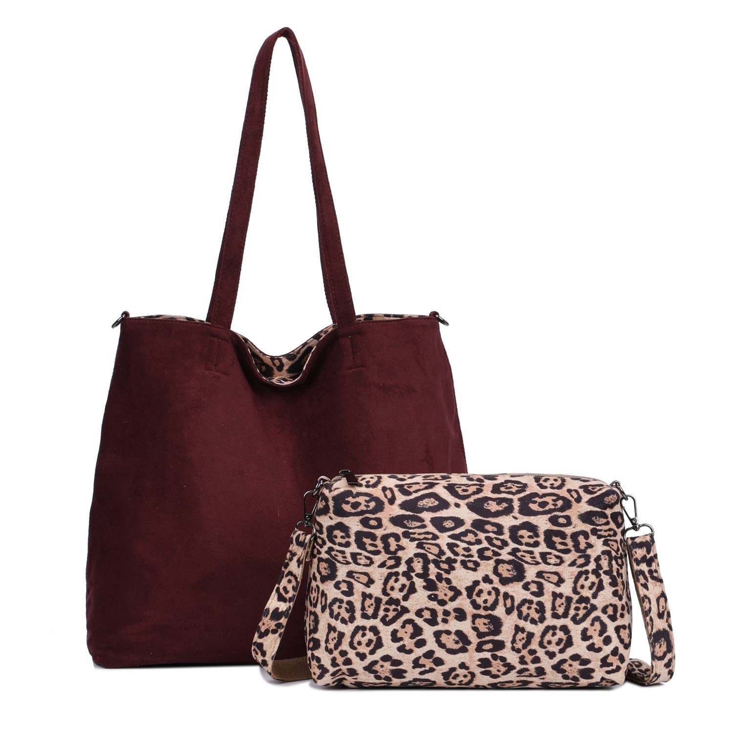 ITALYSHOP24 Schultertasche XL Damen Tasche Set 2in1 Shopper Tote Bag Crossbody Velours CrossOver (Spar-Set 2 in1 Hobo + Crossbody Bag / Schmucktasche, Leichtgewicht), Leopard Umhängetasche Body Bag Beuteltasche Freizeit Henkeltasche Samt