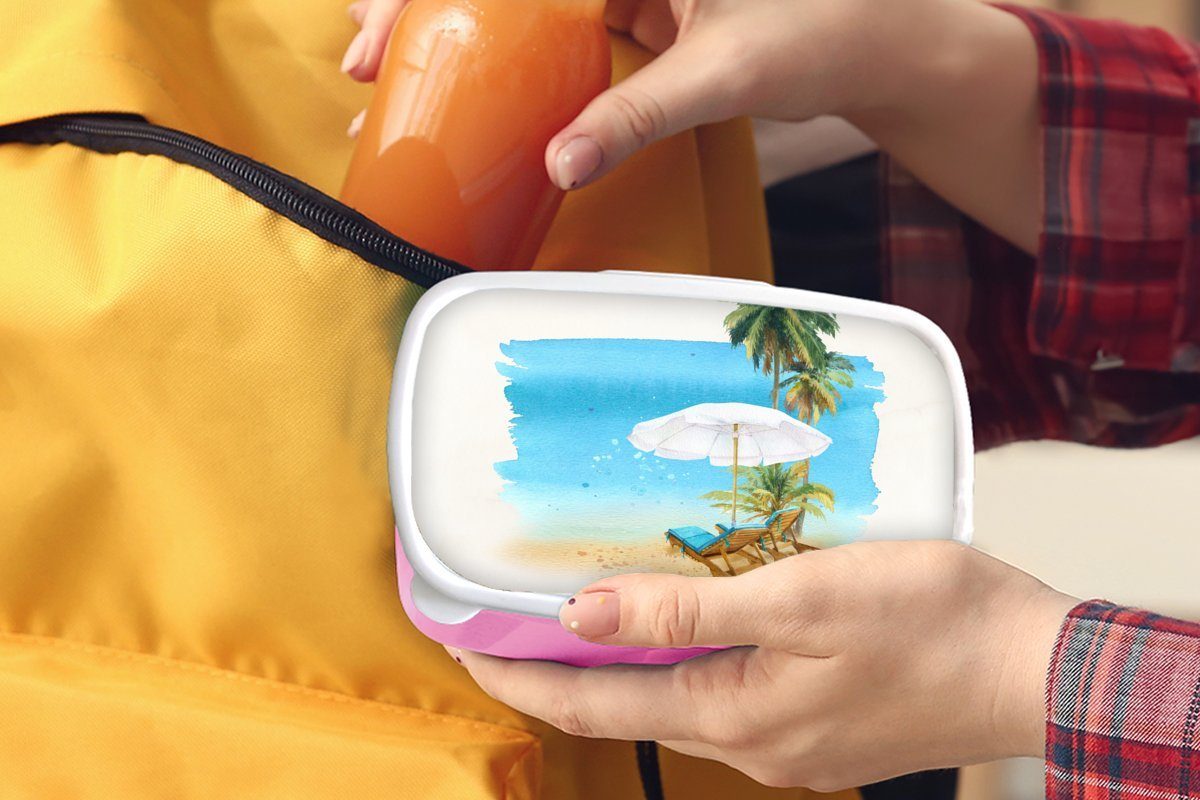 MuchoWow Lunchbox Erwachsene, Kunststoff, Kunststoff Brotbox Snackbox, rosa Sonnenschirm Mädchen, (2-tlg), Strandkorb - für Kinder, Wasserfarben, Brotdose - Palmen 