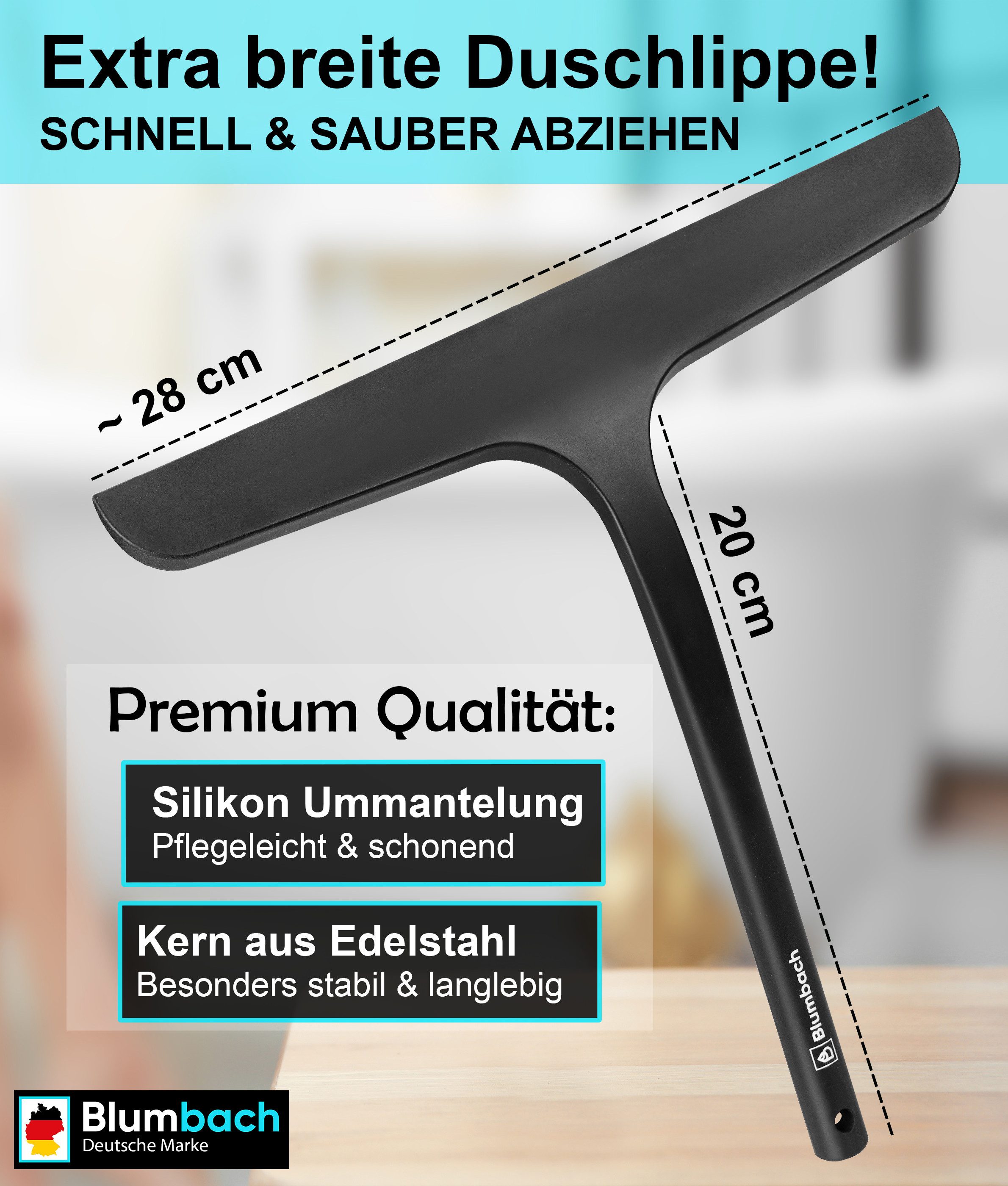 Blumbach Duschabzieher - Silikon Abzieher mit Edelstahlkern, elastisches Wischblatt 28 cm, (Abzieher Dusche mit 2 Halterungen), Premium Duschabzieher 28 cm