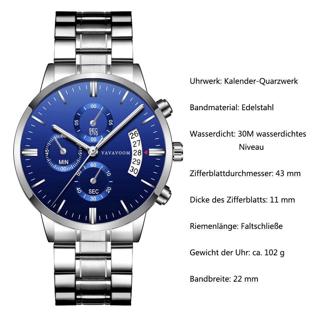 GelldG Quarzuhr Herrenuhr Militär mit Chronografen Herren Armbanduhr, Armband) ‎‎Silber+blau Wasserdicht Analog (Set