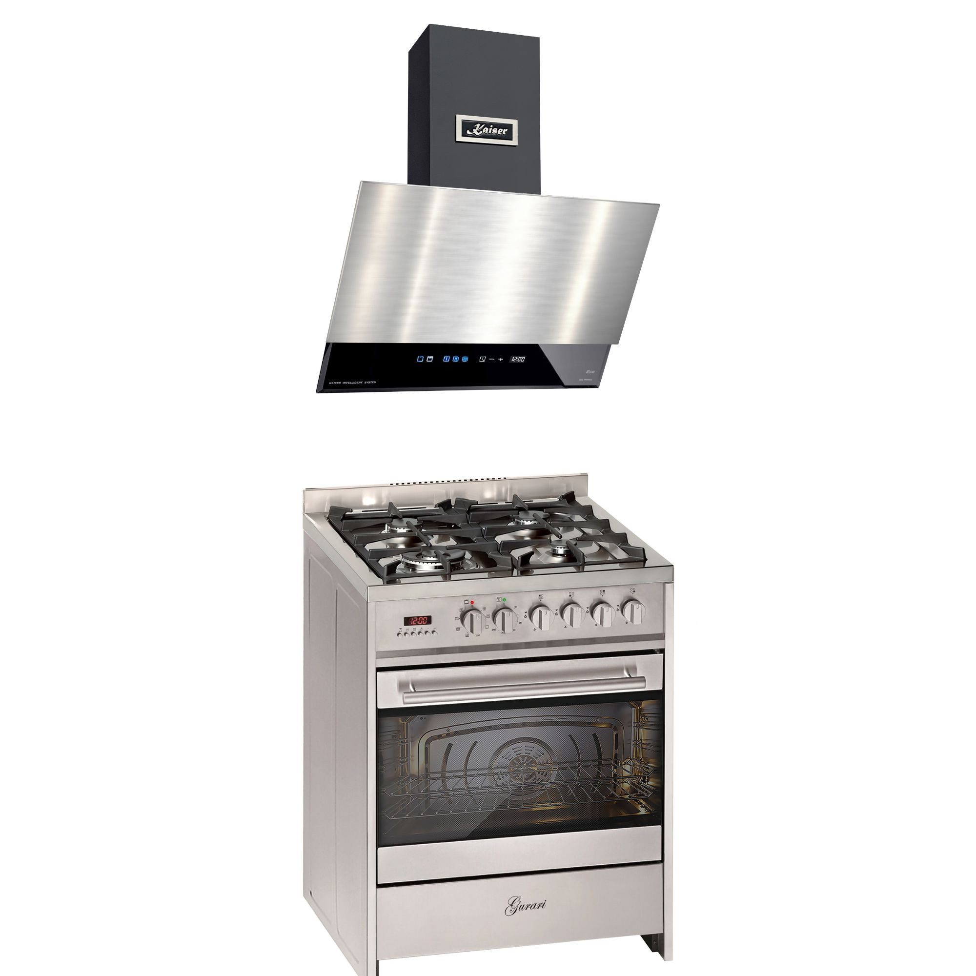GURARI Gas-Standherd 60 cm Edelstahl Gasherd mit Elektrobackofen 60 L Range Coocker+DUNSTABZUGSHAUBE 60 cm, Edelstahl,Schwarz Glas, 1250 m³/h GCH E 610 X+AT 6410 FR ECO, mit 1-fach-Teleskopauszug