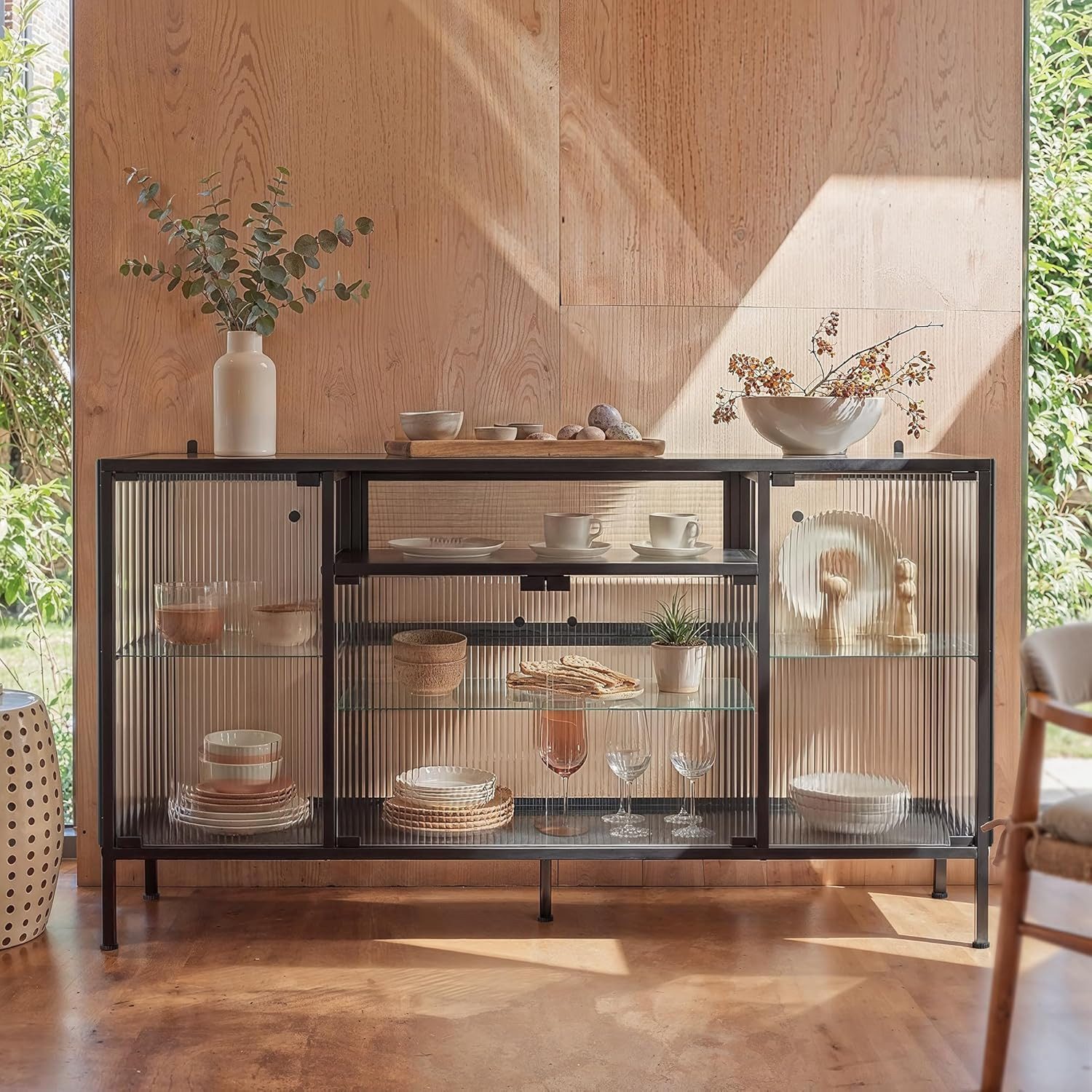 FUFU&GAGA Sideboard 140-160cm Glasvitrine Vitrinenschrank, mit Beleuchtung 3 Farbe – Bild 2 von 5