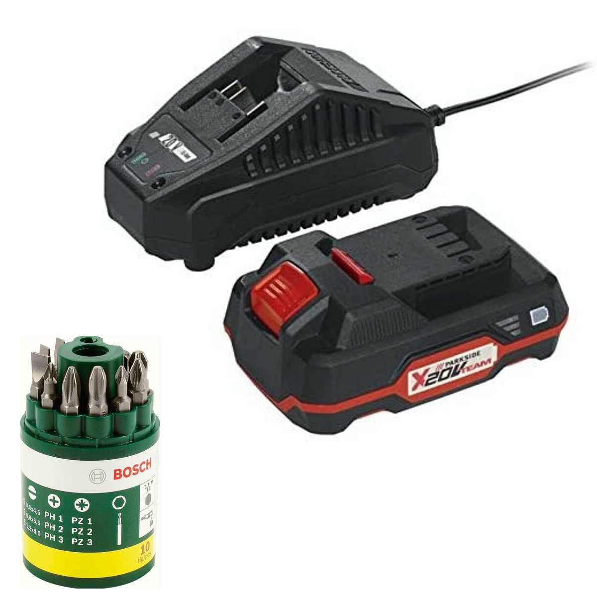 Parkside Parkside Akku 20 V 2.0 Ah PAP 20 + Bosch Bitset 10 Tlg. Akku Starter-Set