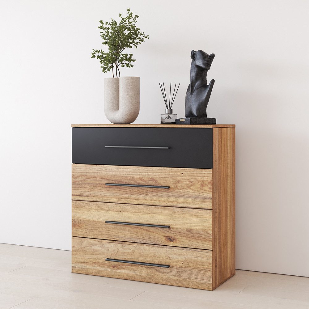 Lomadox Kommode BIRMINGHAM-83, in Eiche mit schwarz, 4 Schubladen, 91cm breit