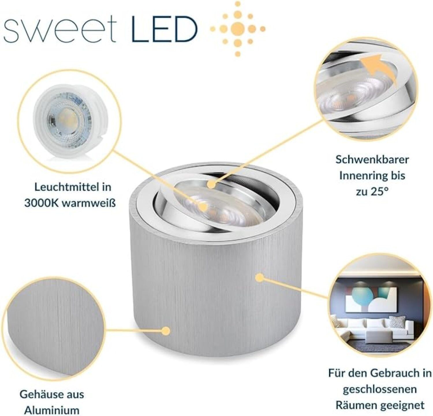 Sweet LED LED Aufbaustrahler 4er Set schwenkbare Aufbauspots LED flach 5W rund & silber, LED wechselbar, warmweiß, LED Deckenlampe, Deckenspot, Deckenstrahler, Strahler