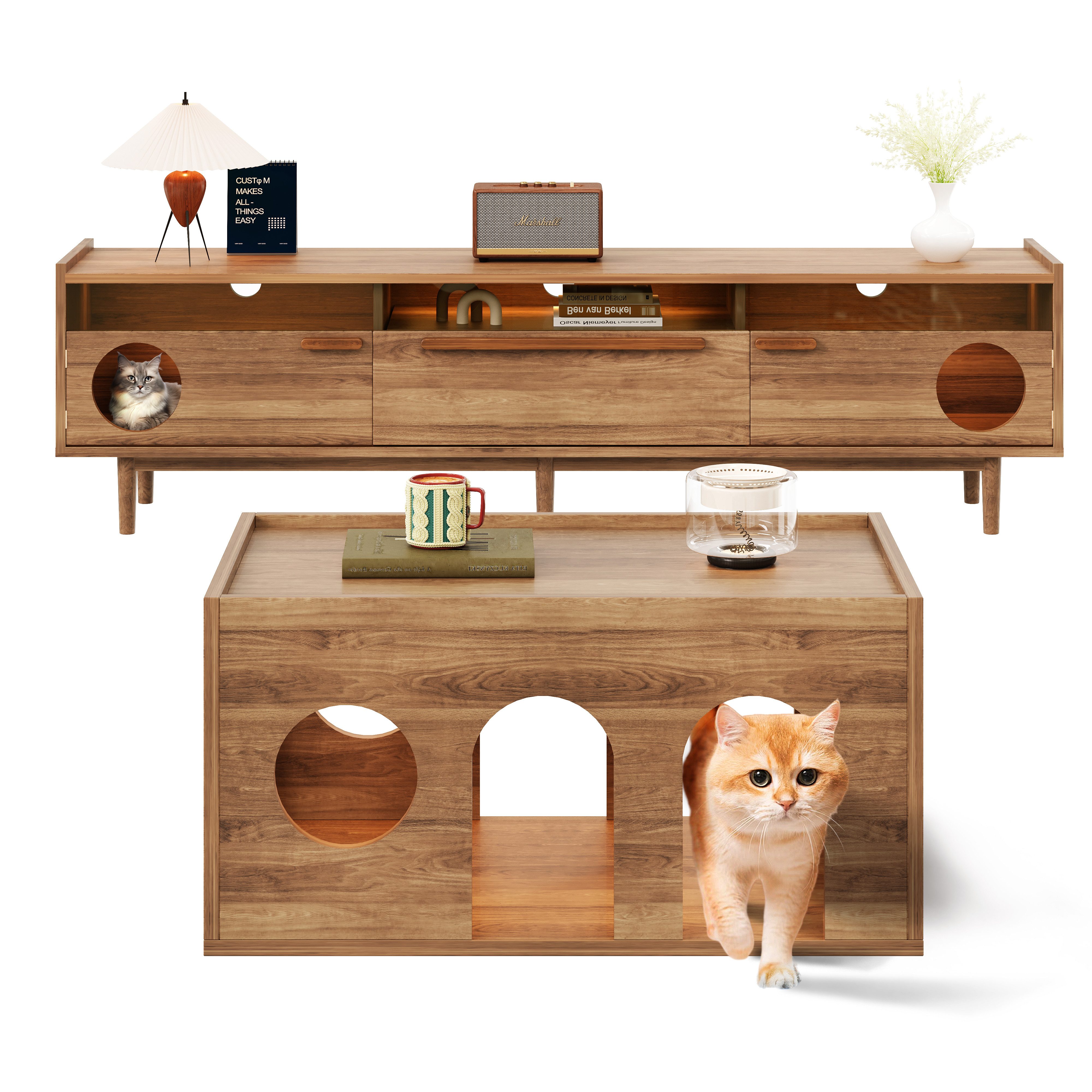 i@home TV-Schrank Fernsehschrank, Couchtisch,Wohnzimmer-Kombinationsmöbel-Set Haustierfreundlich, LED-TV-Schrank&Couchtisch, mit Katzenkorb