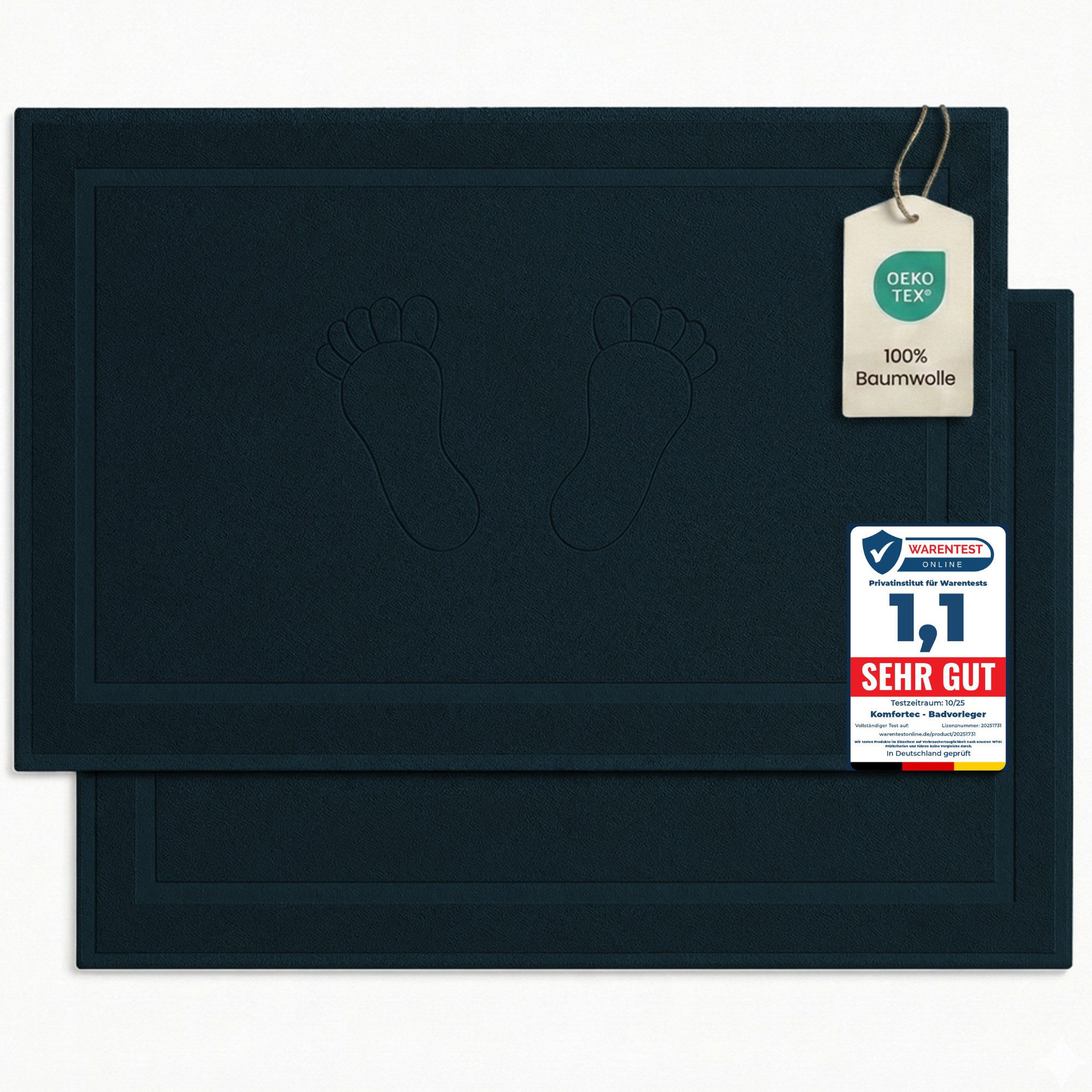 Komfortec Badematte Badvorleger aus 100% Baumwolle, 50x80 cm Duschvorleger, Waschbar Duschmatte, Frottee, Rechteckig, 800 g/m², 2er Set, Saugfähig & Schnelltrocknend