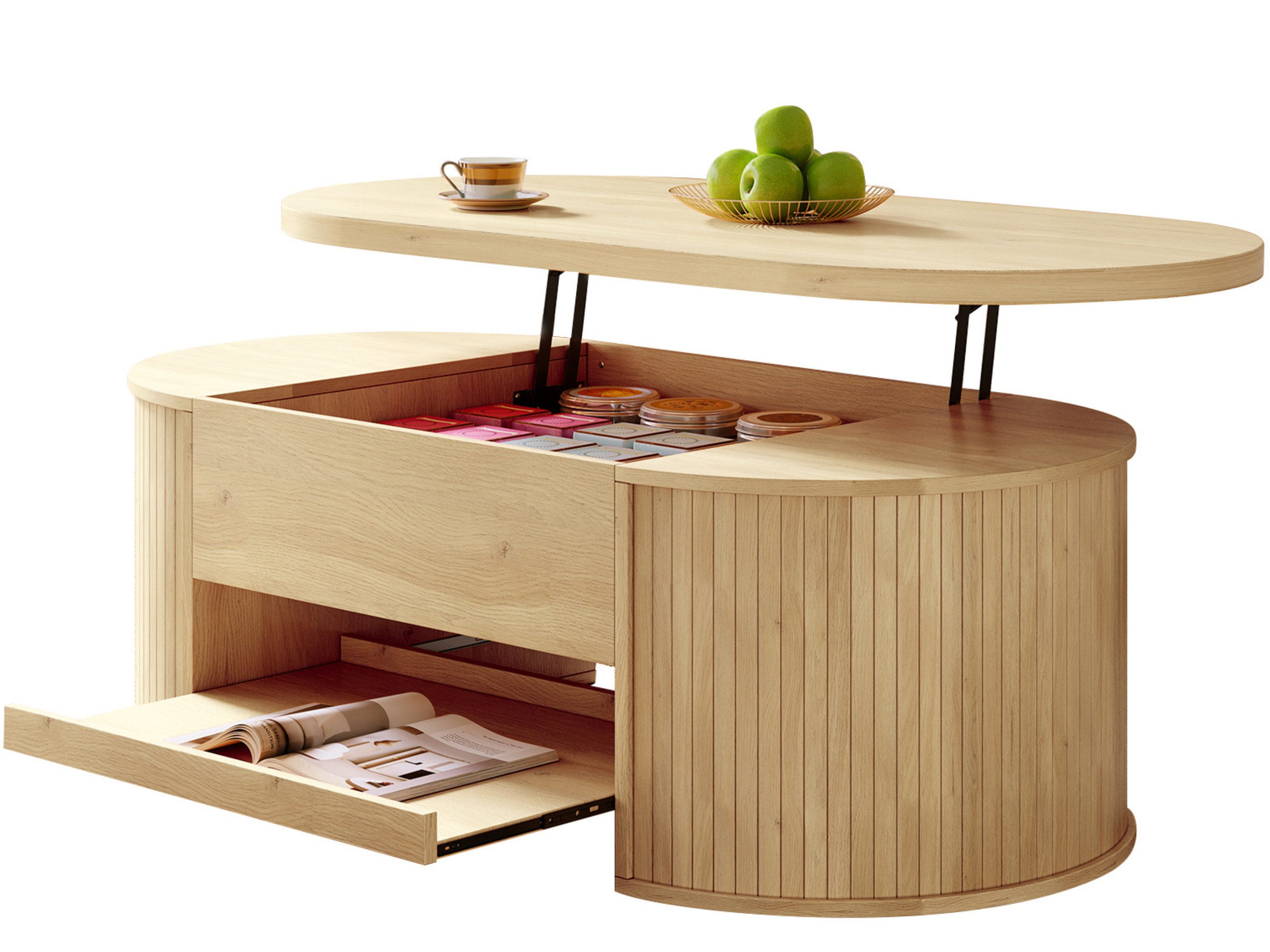 SeedWave Couchtisch Ovaler Sofatisch mit Anhebbarer Tischplatte, Ausziehbarem Tablett, Stubentisch mit verstecktem Stauraum unter der Tischplatte