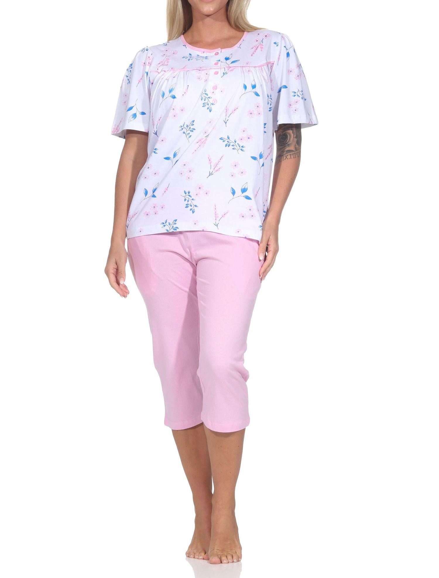 Normann Pyjama Normann Damen fraulicher kurzarm Capri Pyjama in Klassischer Optik