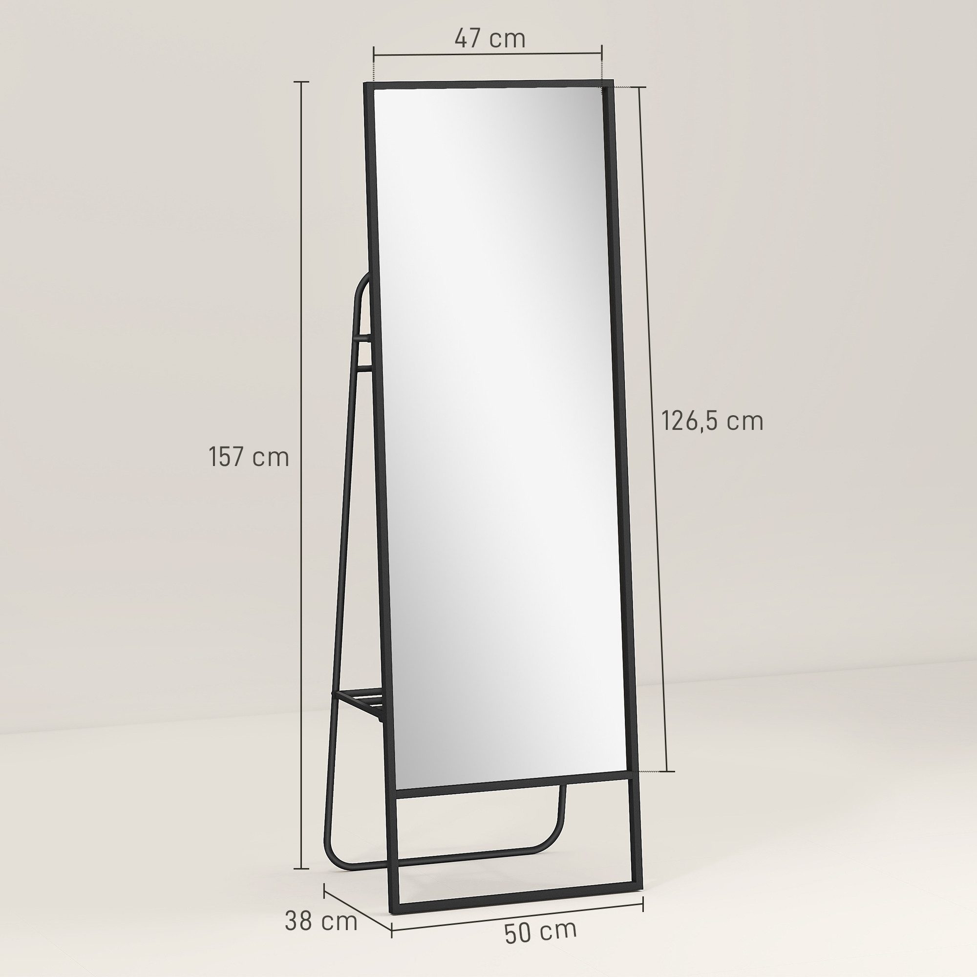 HOMCOM Standspiegel Moderner Ganzkörperspiegel mit Rückwand, Splitterschutzfolie (rechteckiger freistehender Spiegel mit 2 Haken, 1-St., für Schlafzimmer, Wohnzimmer, Umkleideraum), 50 x 38 x 157 cm, Schwarz