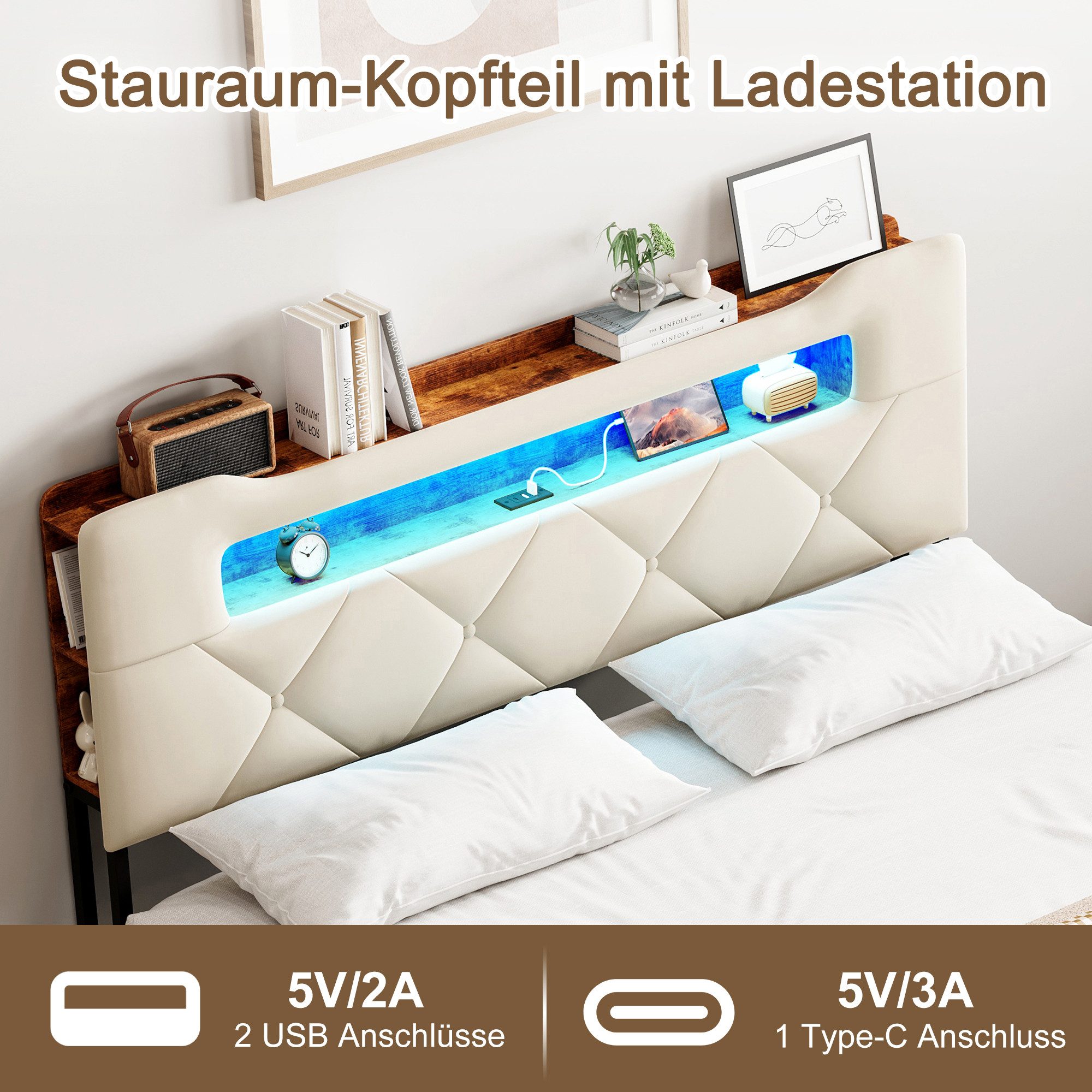 Gdood Polsterbett LED Stauraumbett 140x200cm, Doppelbett mit Kopfteil und 4 Schubladen (1-tlg., Samtmaterial Polsterbett mit RGB Beleuchtung), Bett mit Lattenro – Bild 5 von 5