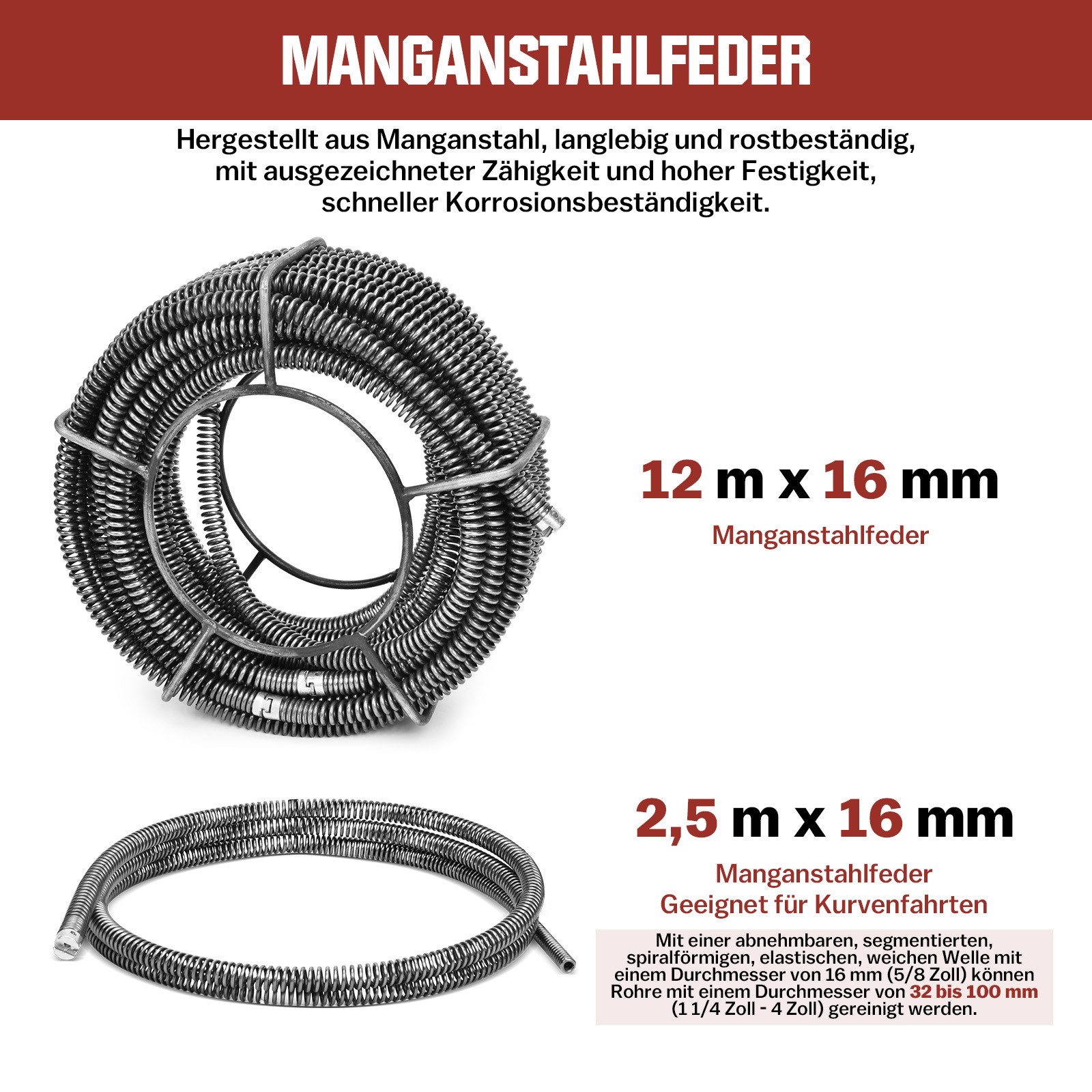 XERSEK Rohrreinigungsspirale Elektrische Rohrreinigungsmaschine Rohrleitungen Rohrreiniger Ø2-10cm, L: 14500 cm, ∅ 16,00 mm, Rohrreinigungsspirale Ø8mm 10M, 16mm 14,5M Spiralen