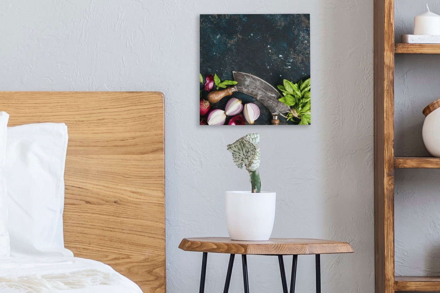OneMillionCanvasses® Leinwandbild Gemüse Leinwand Rustikal, Kräuter - - Gewürze Wiegemesser Wohnzimmer - (1 St), für Zwiebel Schlafzimmer Bilder - 