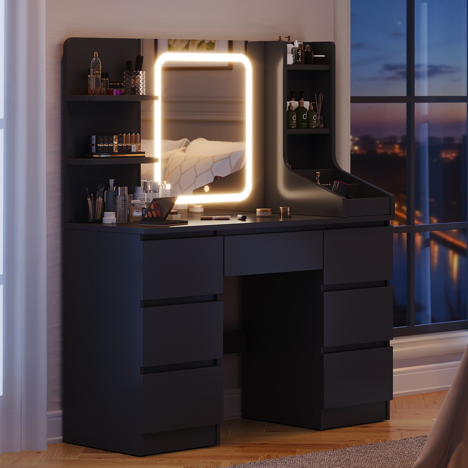 Furnicopia Schminktisch Einstellbare Helligkeit mit 7 Schubladen und 8 offe günstig online kaufen