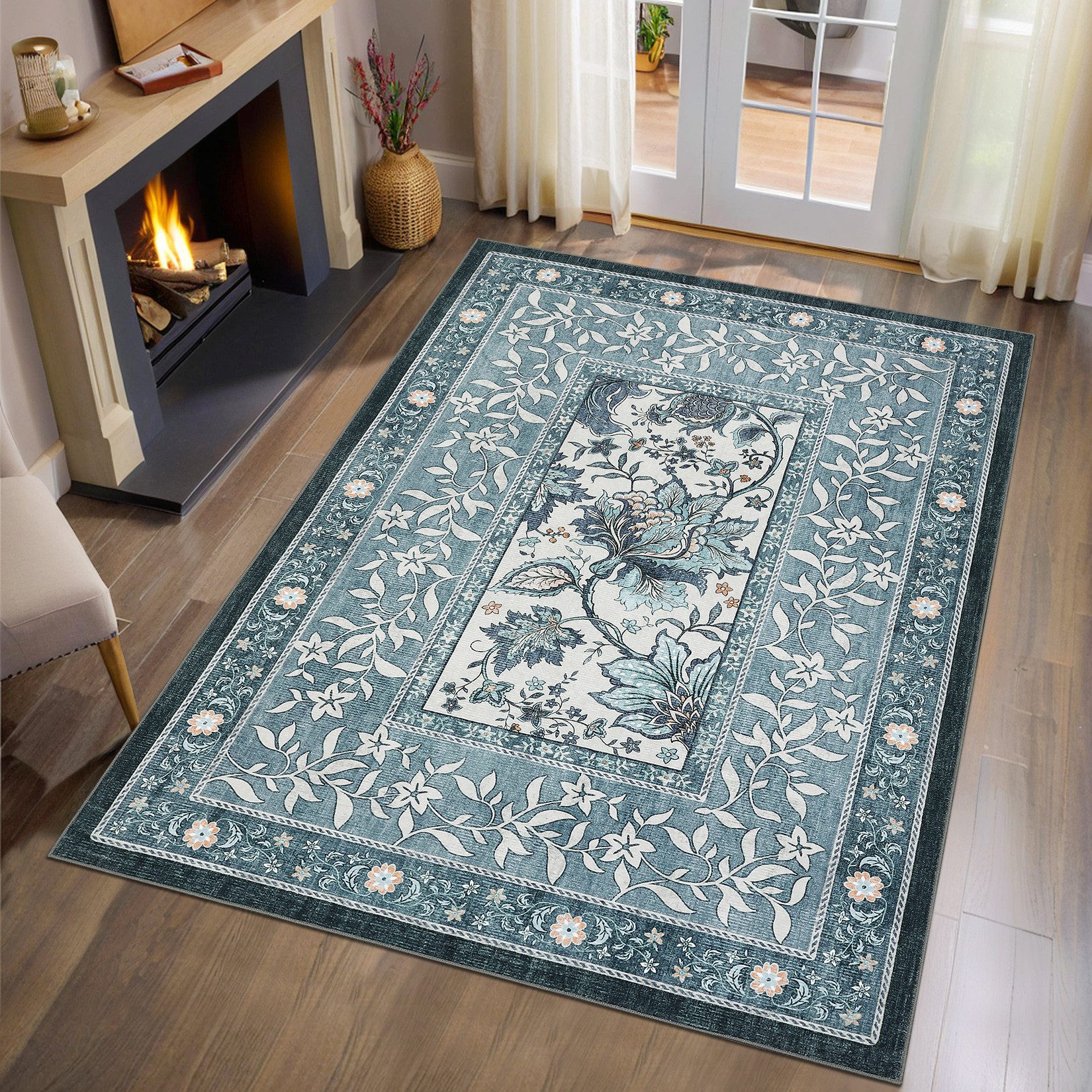 GarveeMore Teppich Flachflor-Teppich im floralen Landhausstil, rechteckig, Höhe: 5 mm, 100% Polyester, TPR-Unterseite, zusammenlegbar – Bild 2 von 5