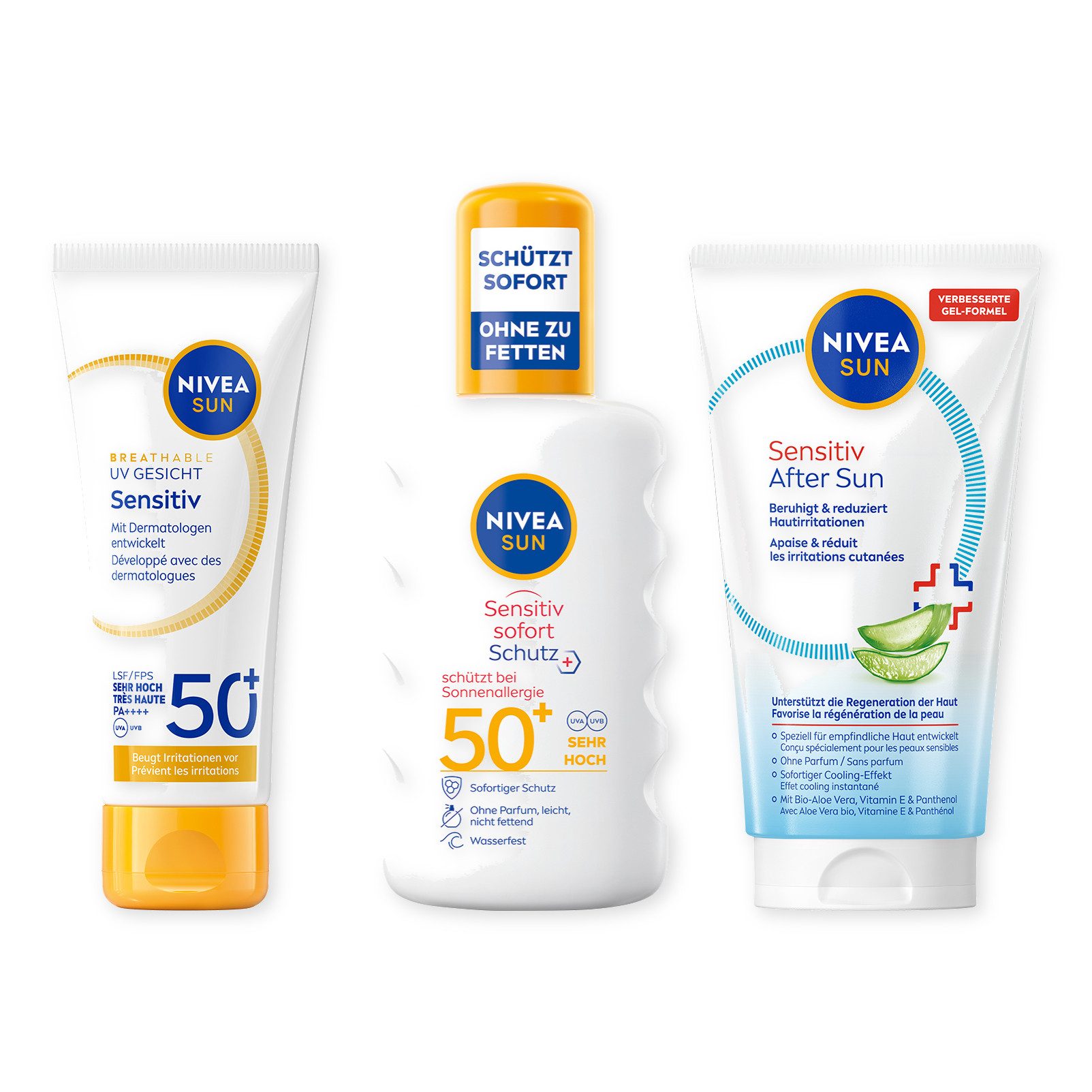 Nivea Sun Sonnenschutzpflege Sensitive Essentials Set UV Creme Anti-Sonnenallergie Spray Sun SOS, 3-tlg.