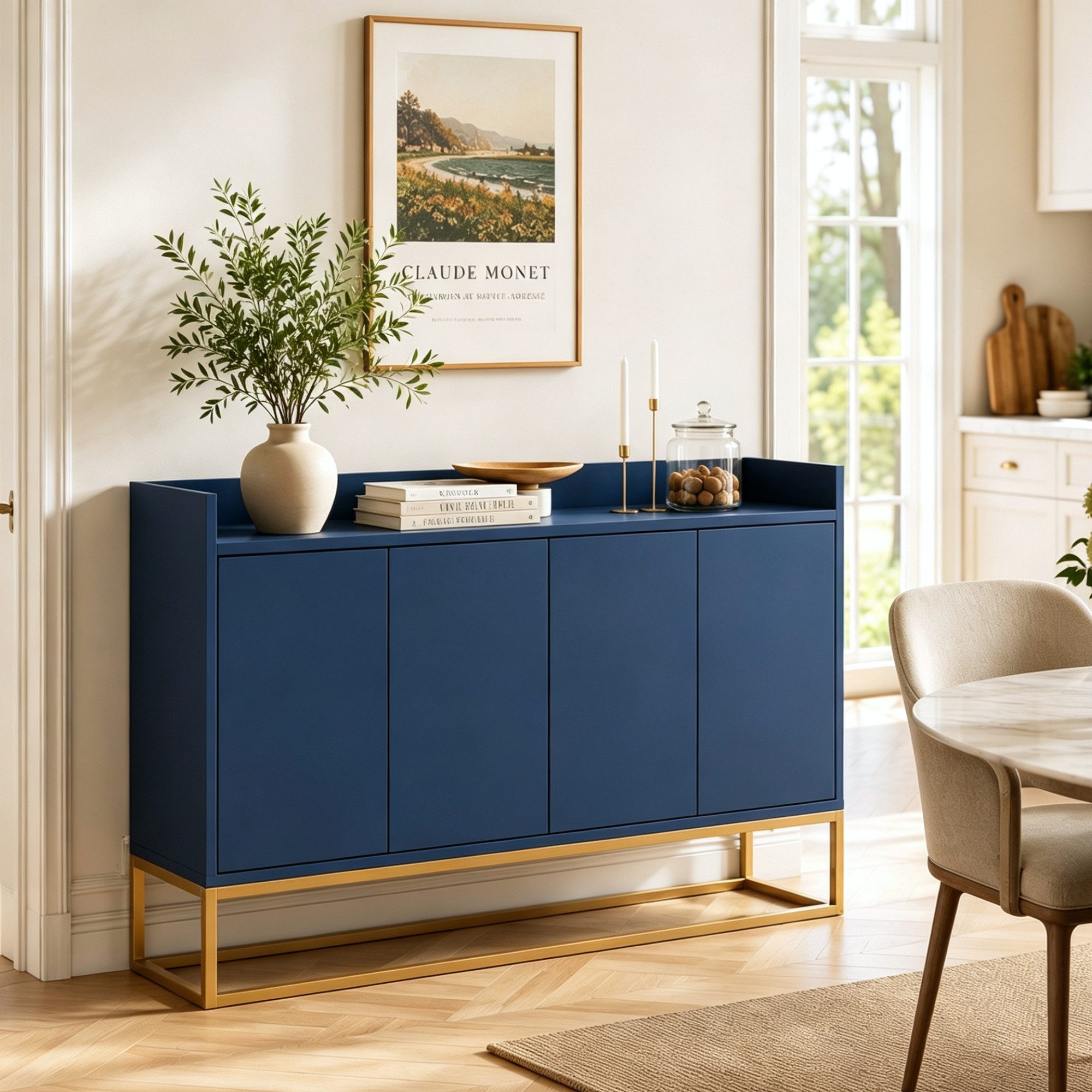 Simurq Sideboard Kommode Schrank mit 4 Türen, Push-to-Open, Breite 120 cm (Packung, 1 St., grifflos), Anrichte aus Holz mit höhenverstellbare Einlegeböden und Metallbeinen