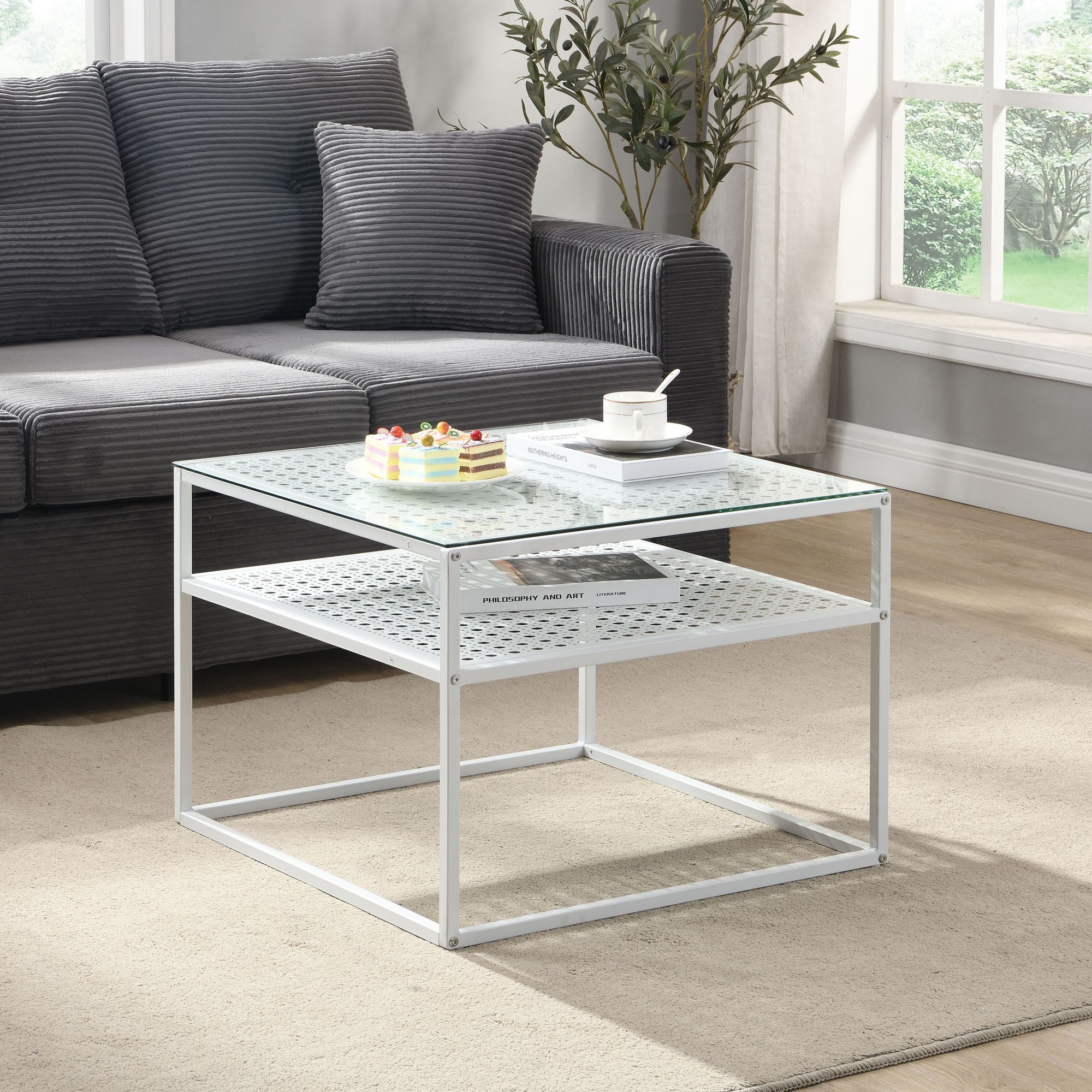 Wohnling Couchtisch WL7.326 Glas Metall Weiß 60 cm Quadratisch Wohnzimmertisch Ablage (Sofatisch Glas Quadratisch 60 cm Weiß Ablage), Wohnzimmertisch Industrial, Metallgestell Modern